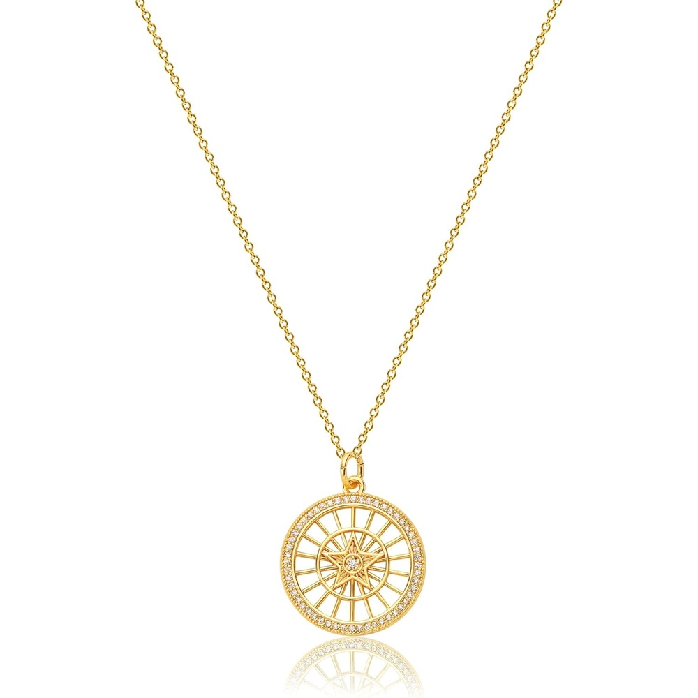 image:imageMEVECCO Women Gold Necklace Star Coin Disc Celestial Patterned Engraved Hollow Pendant 18K Gold Plated Simple Personalized Dainty Chain Jewelry Gift