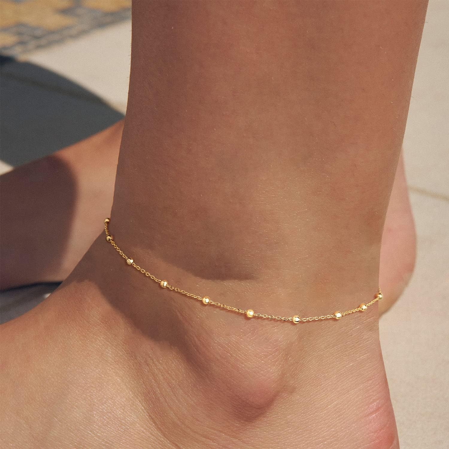 image:imageMEVECCO Anklet for Women Gold Chain 14K Gold Plated Dainty Boho Beach Summer Simple Foot Jewelry Ankle BraceletBall Big