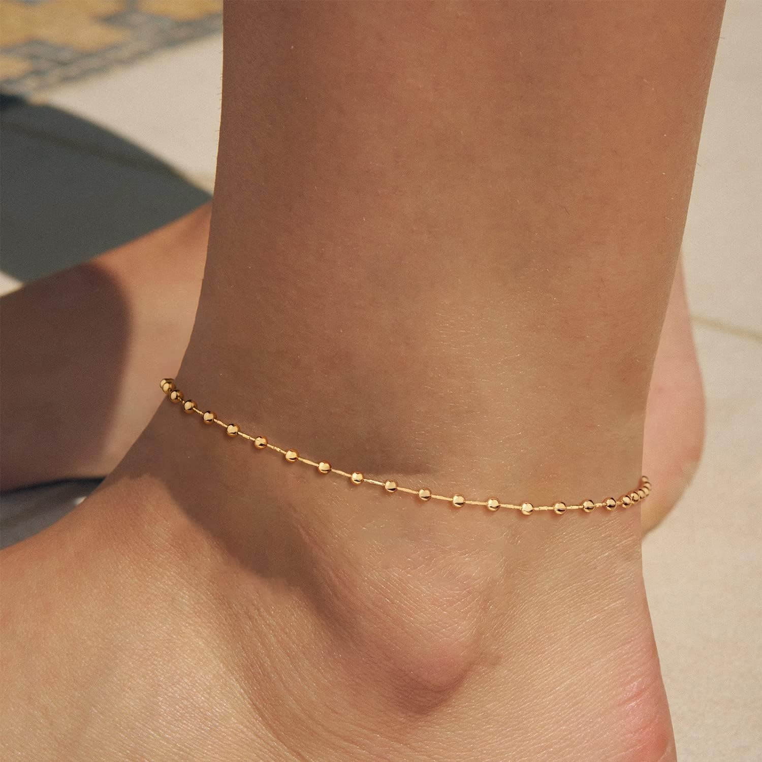 image:imageMEVECCO Anklet for Women Gold Chain 14K Gold Plated Dainty Boho Beach Summer Simple Foot Jewelry Ankle BraceletBall Small