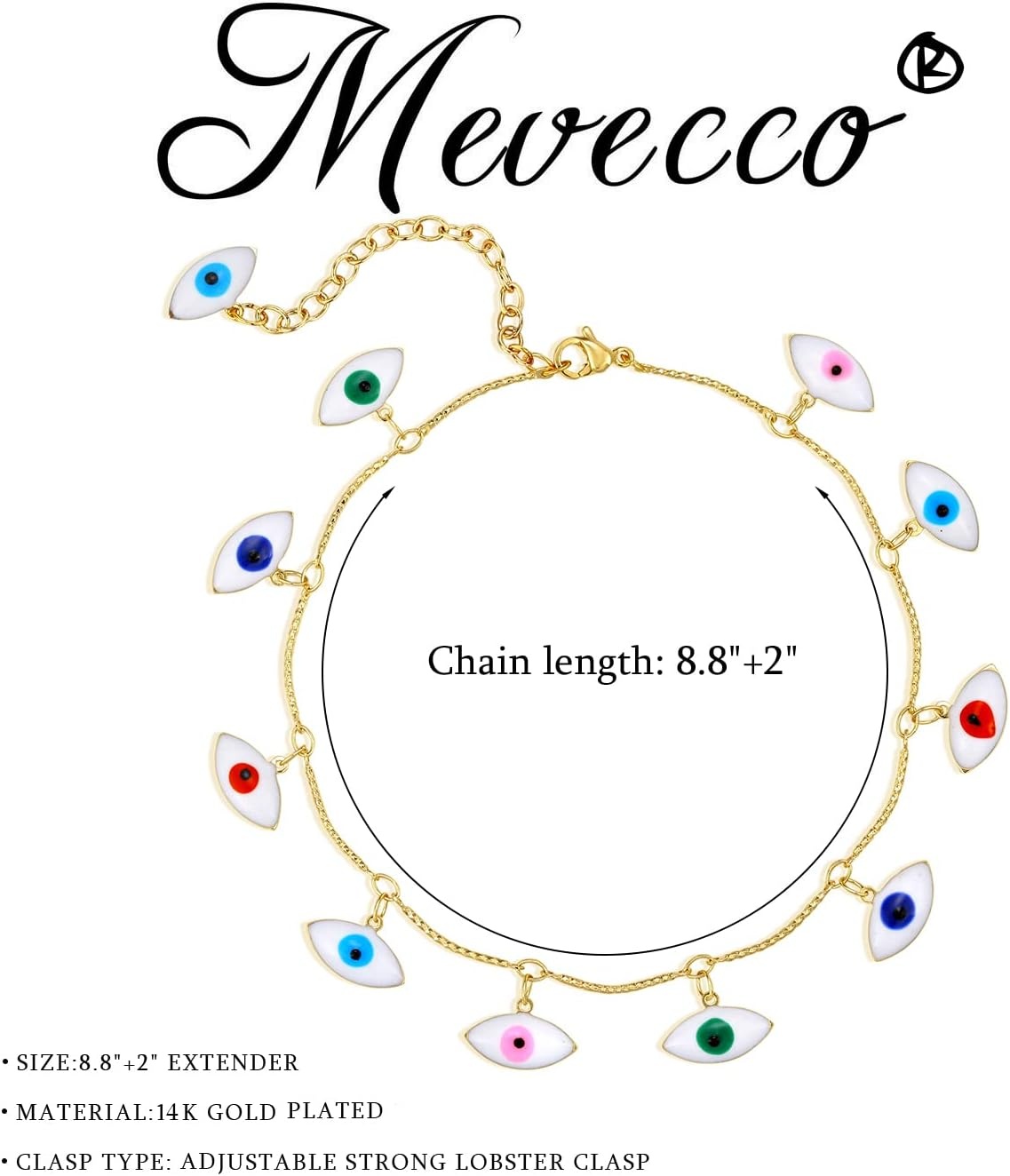 image:imageMEVECCO Anklet for Women Gold Chain 14K Gold Plated Dainty Boho Beach Summer Simple Foot Jewelry Ankle BraceletBig Evil Eye