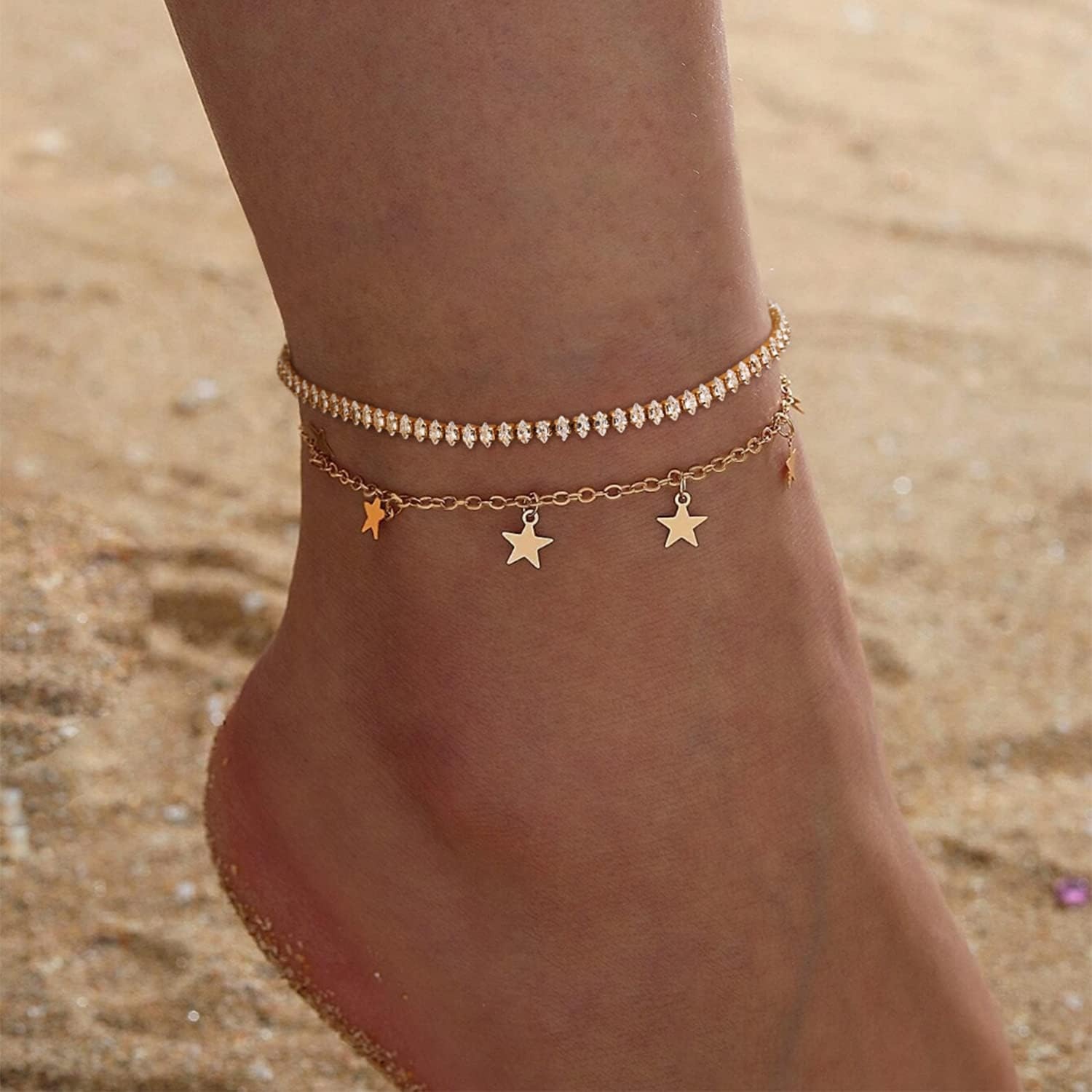 image:imageMEVECCO Anklet for Women Gold Chain 14K Gold Plated Dainty Boho Beach Summer Simple Foot Jewelry Ankle BraceletCZ Horse eye
