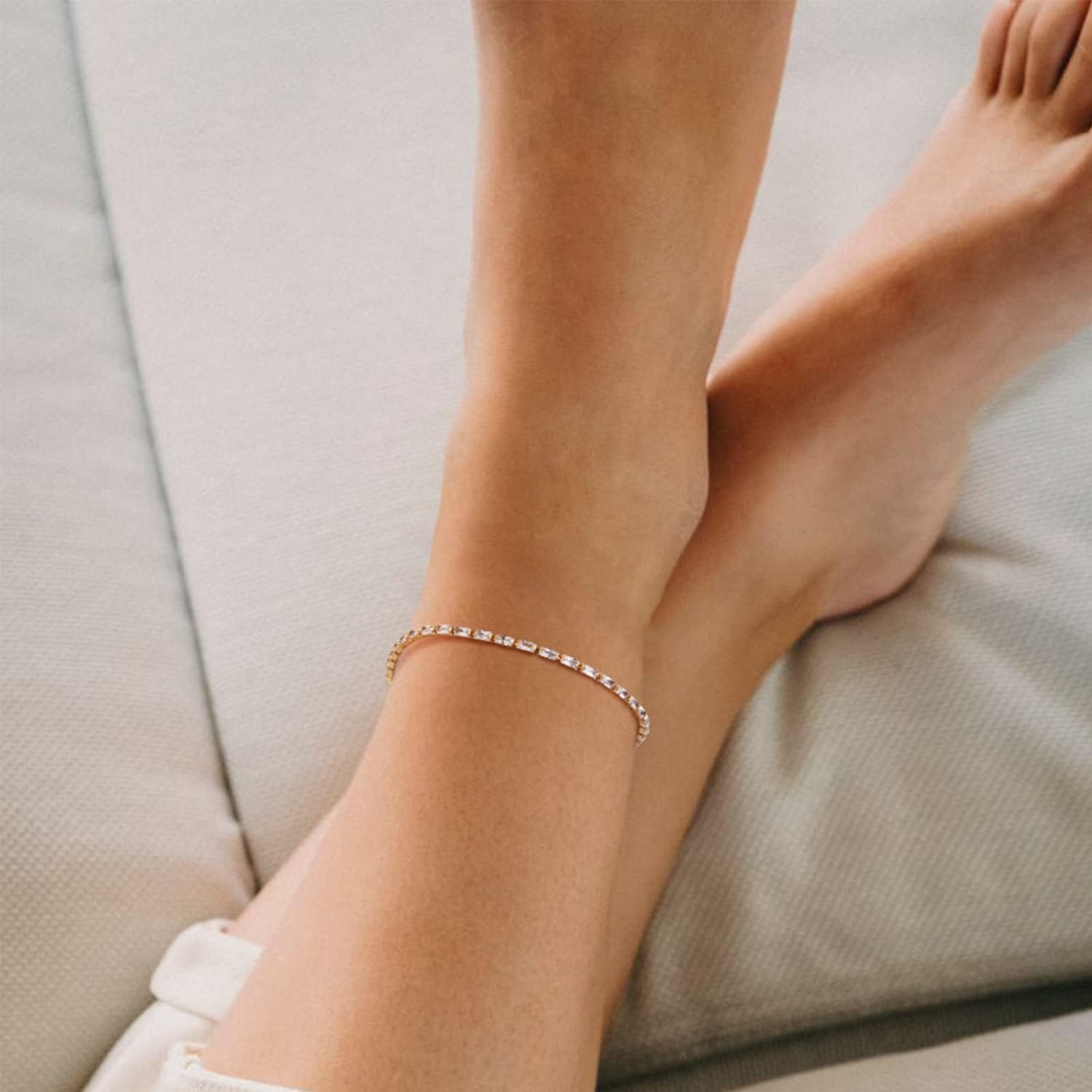 image:imageMEVECCO Anklet for Women Gold Chain 14K Gold Plated Dainty Boho Beach Summer Simple Foot Jewelry Ankle BraceletCZ Rectangle