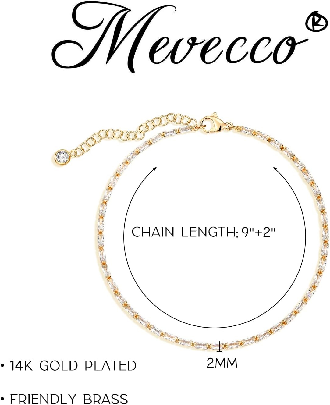 image:imageMEVECCO Anklet for Women Gold Chain 14K Gold Plated Dainty Boho Beach Summer Simple Foot Jewelry Ankle BraceletCZ Rectangle