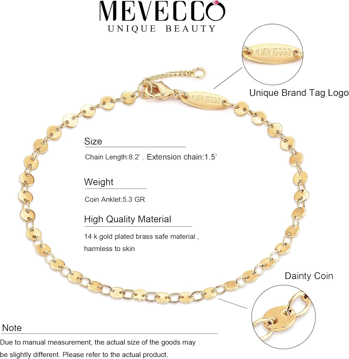 image:imageMEVECCO Anklet for Women Gold Chain 14K Gold Plated Dainty Boho Beach Summer Simple Foot Jewelry Ankle BraceletCoin