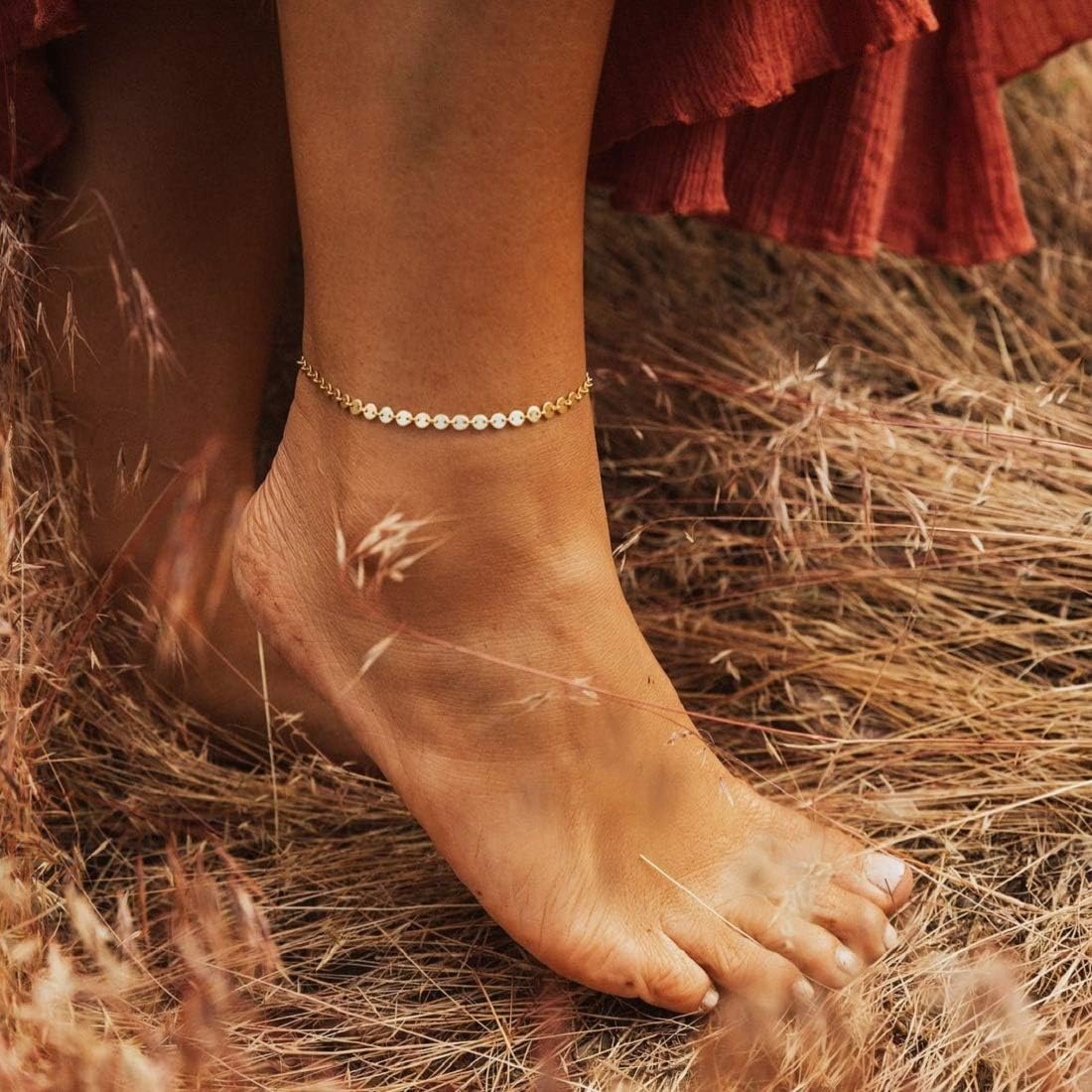 image:imageMEVECCO Anklet for Women Gold Chain 14K Gold Plated Dainty Boho Beach Summer Simple Foot Jewelry Ankle BraceletCoin