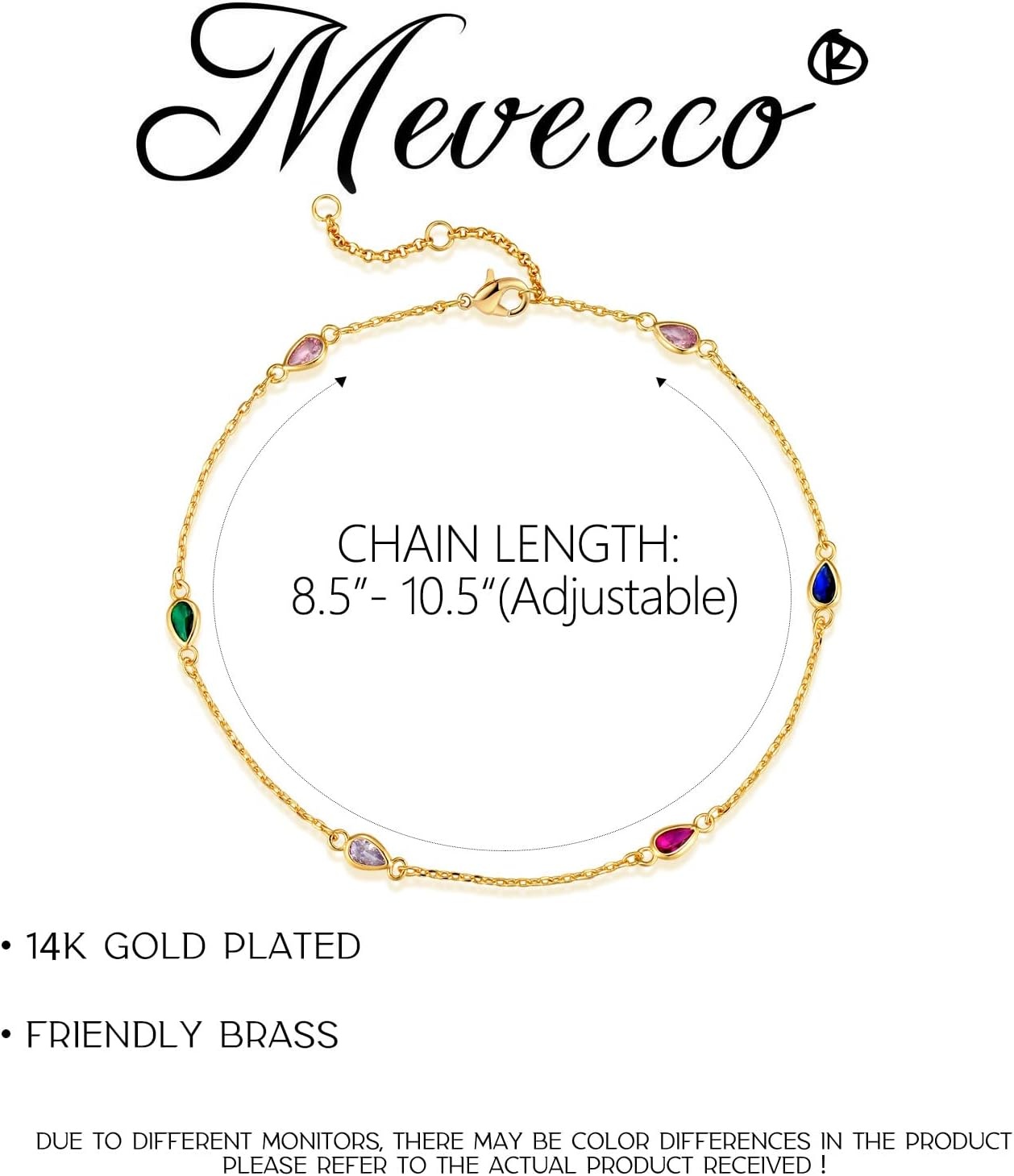 image:imageMEVECCO Anklet for Women Gold Chain 14K Gold Plated Dainty Boho Beach Summer Simple Foot Jewelry Ankle BraceletColorful CZ