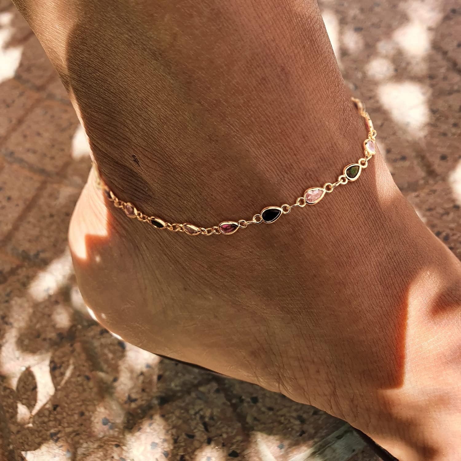 image:imageMEVECCO Anklet for Women Gold Chain 14K Gold Plated Dainty Boho Beach Summer Simple Foot Jewelry Ankle BraceletColorful CZ Chain
