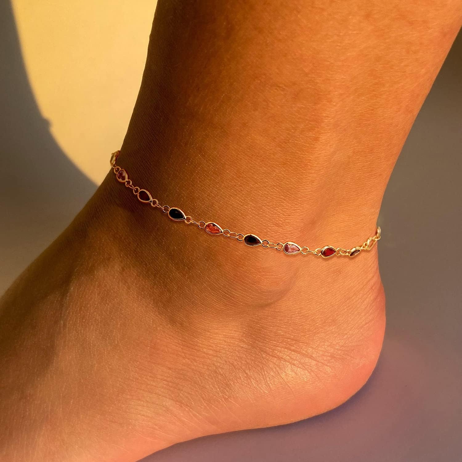 image:imageMEVECCO Anklet for Women Gold Chain 14K Gold Plated Dainty Boho Beach Summer Simple Foot Jewelry Ankle BraceletColorful CZ Chain