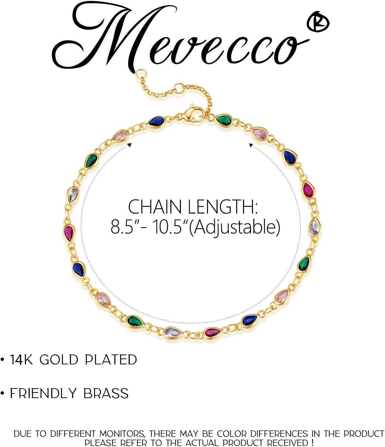 image:imageMEVECCO Anklet for Women Gold Chain 14K Gold Plated Dainty Boho Beach Summer Simple Foot Jewelry Ankle BraceletColorful CZ Chain