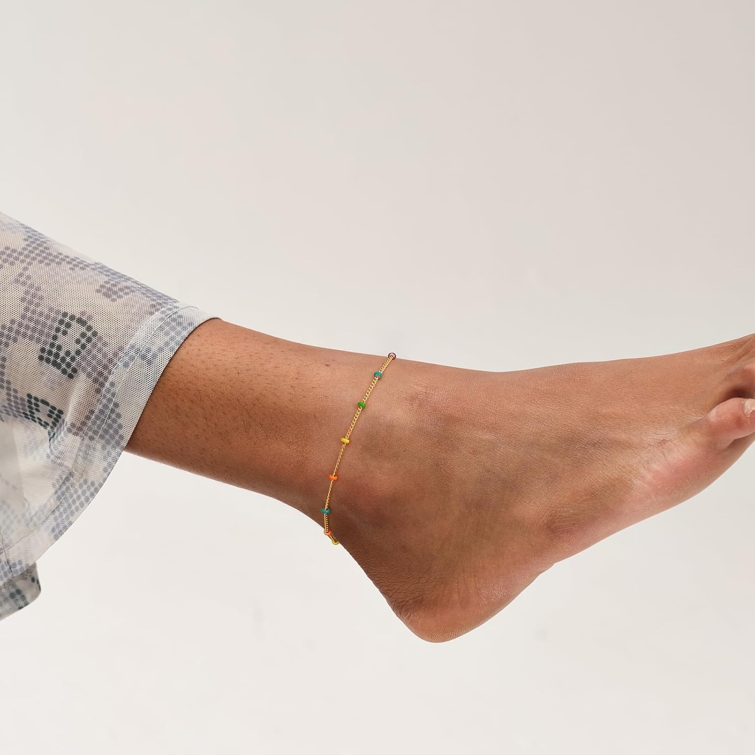 image:imageMEVECCO Anklet for Women Gold Chain 14K Gold Plated Dainty Boho Beach Summer Simple Foot Jewelry Ankle BraceletEnameled Multicolor Ball