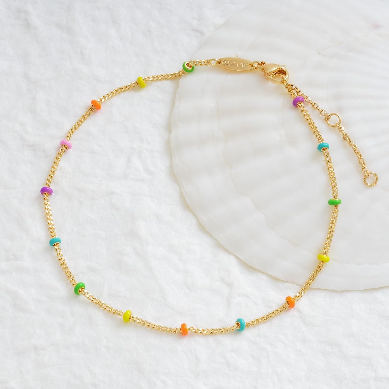 image:imageMEVECCO Anklet for Women Gold Chain 14K Gold Plated Dainty Boho Beach Summer Simple Foot Jewelry Ankle BraceletEnameled Multicolor Ball