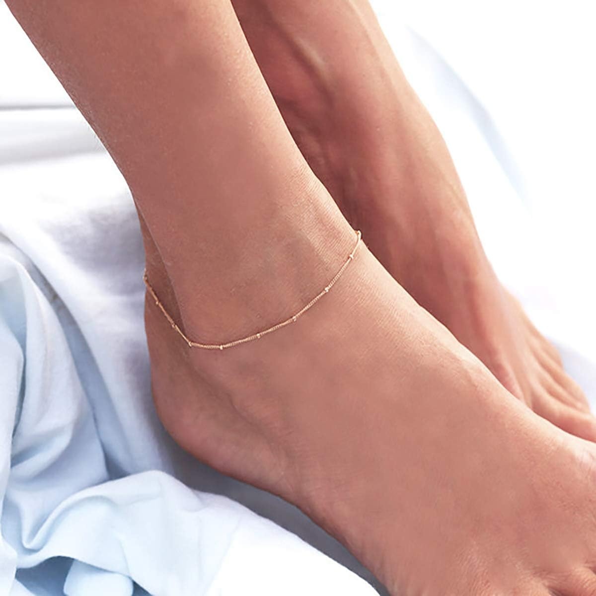 image:imageMEVECCO Anklet for Women Gold Chain 14K Gold Plated Dainty Boho Beach Summer Simple Foot Jewelry Ankle BraceletGold Bead