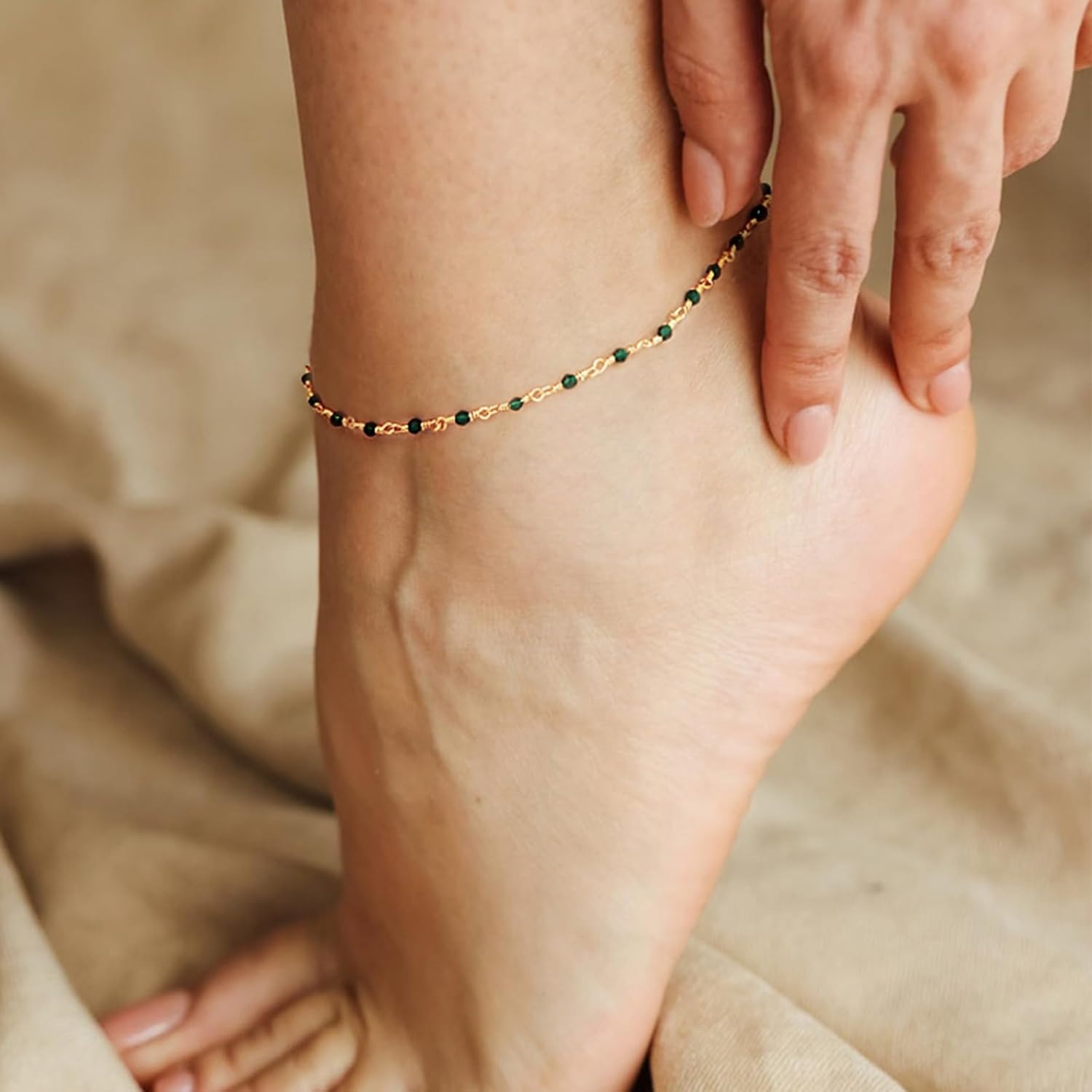 image:imageMEVECCO Anklet for Women Gold Chain 14K Gold Plated Dainty Boho Beach Summer Simple Foot Jewelry Ankle BraceletGreen cz