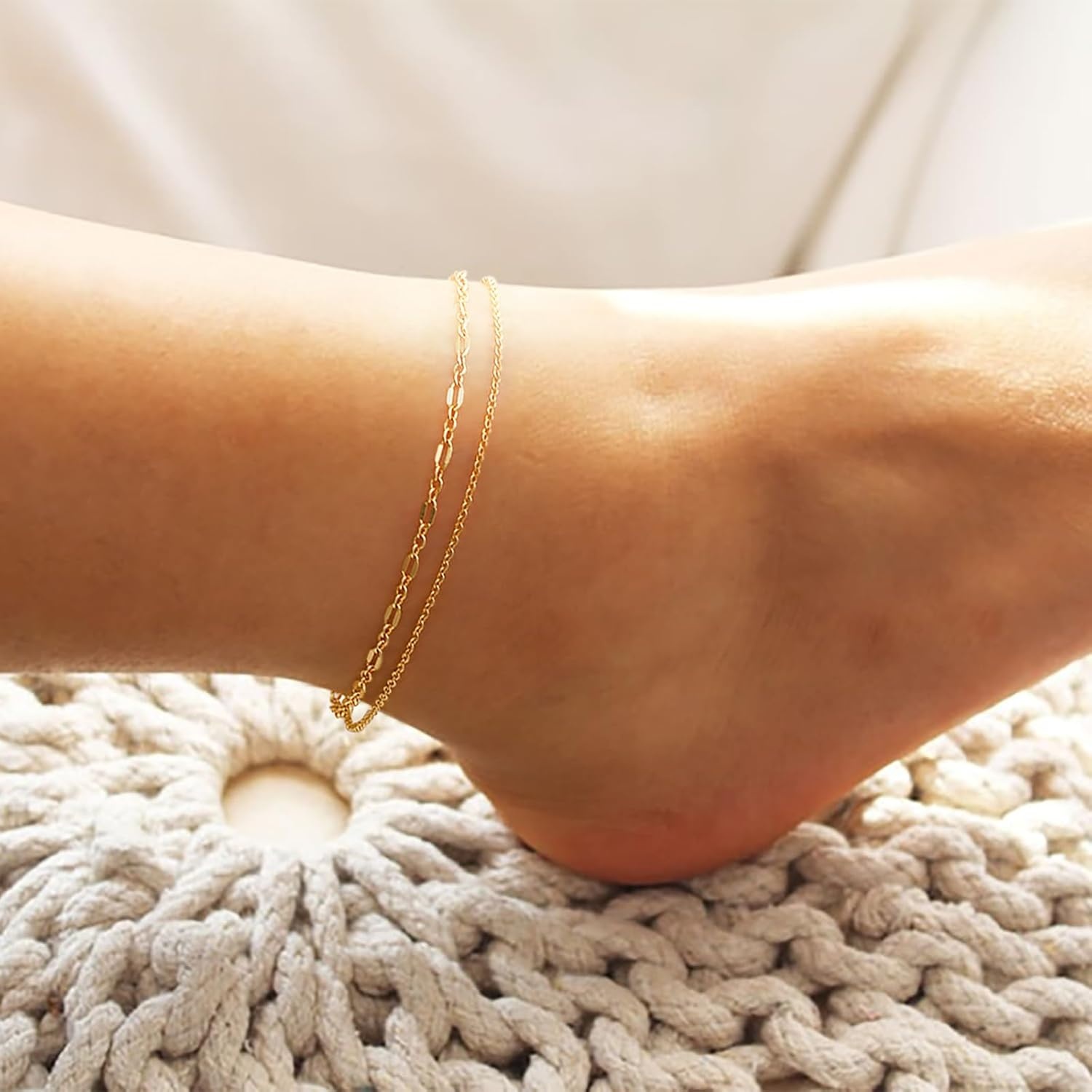image:imageMEVECCO Anklet for Women Gold Chain 14K Gold Plated Dainty Boho Beach Summer Simple Foot Jewelry Ankle BraceletLayer Lace