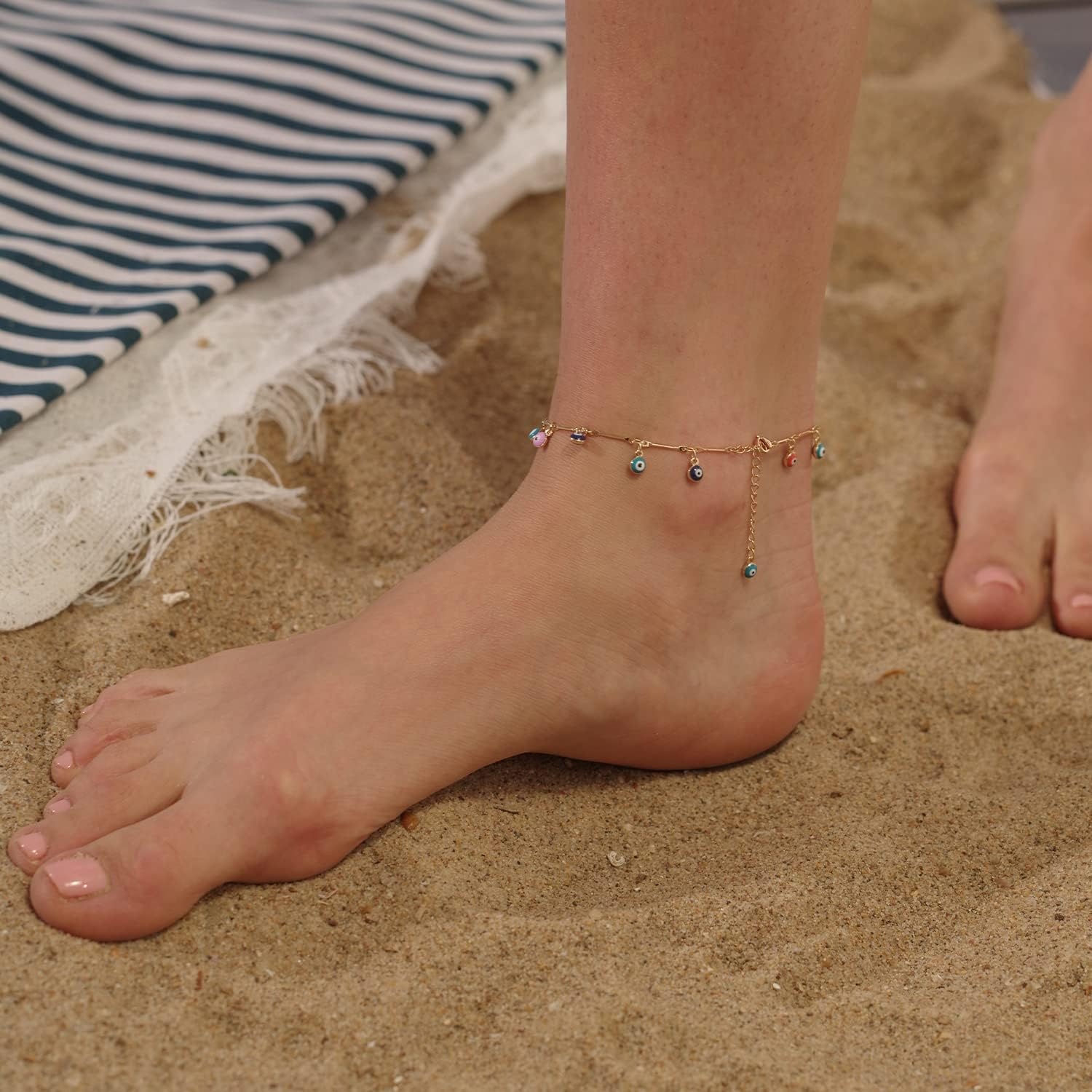 image:imageMEVECCO Anklet for Women Gold Chain 14K Gold Plated Dainty Boho Beach Summer Simple Foot Jewelry Ankle BraceletMuiltcolor Evil Eye