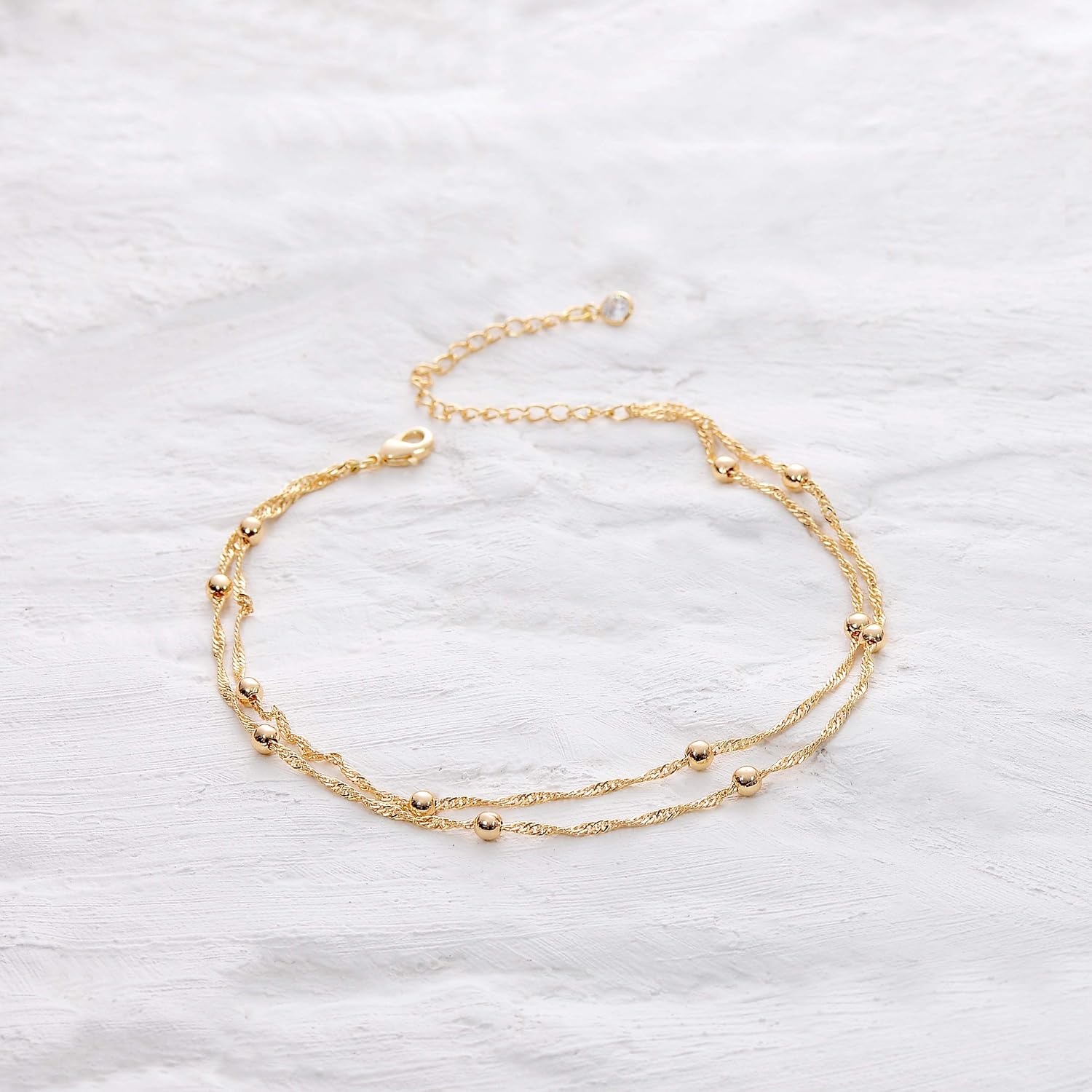image:imageMEVECCO Anklet for Women Gold Chain 14K Gold Plated Dainty Boho Beach Summer Simple Foot Jewelry Ankle BraceletWave Bead