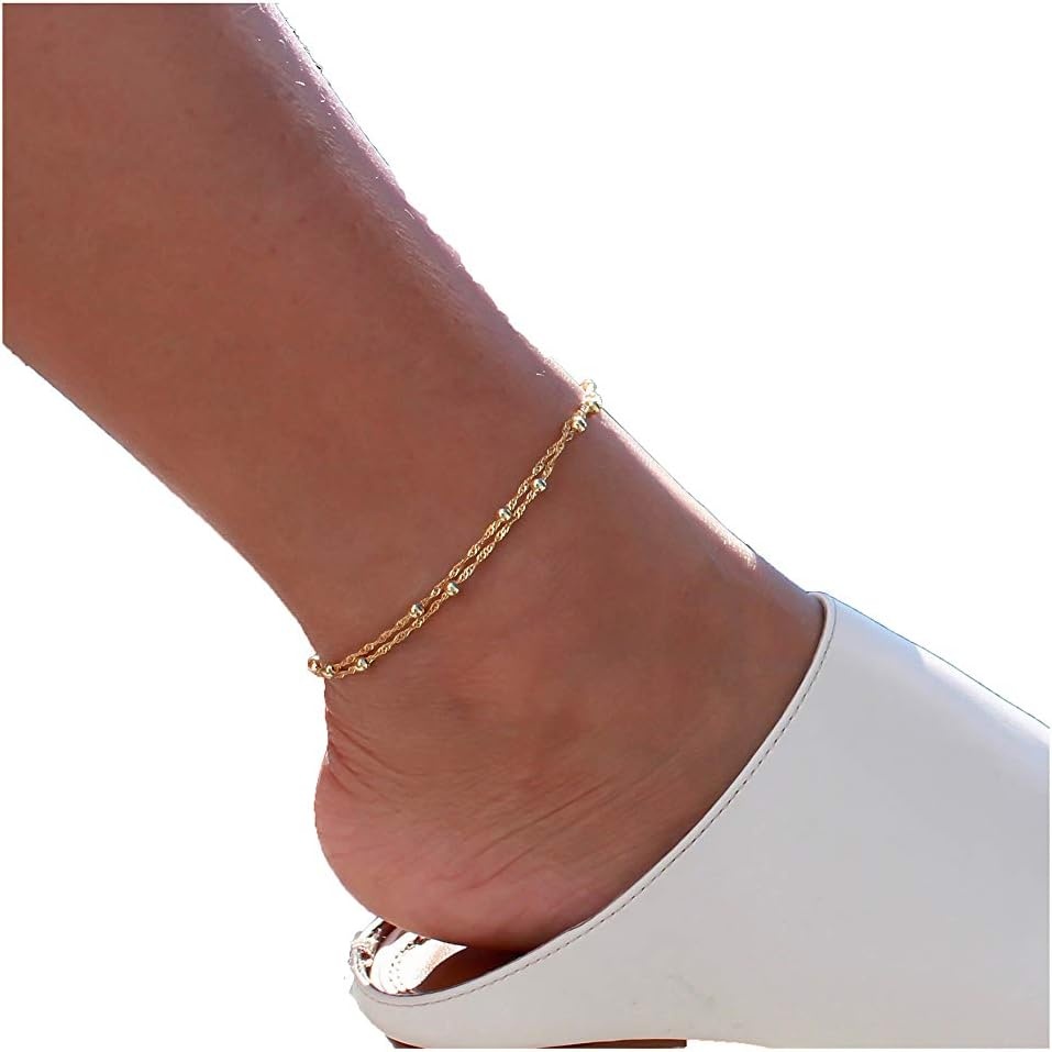 image:imageMEVECCO Anklet for Women Gold Chain 14K Gold Plated Dainty Boho Beach Summer Simple Foot Jewelry Ankle BraceletWave Bead