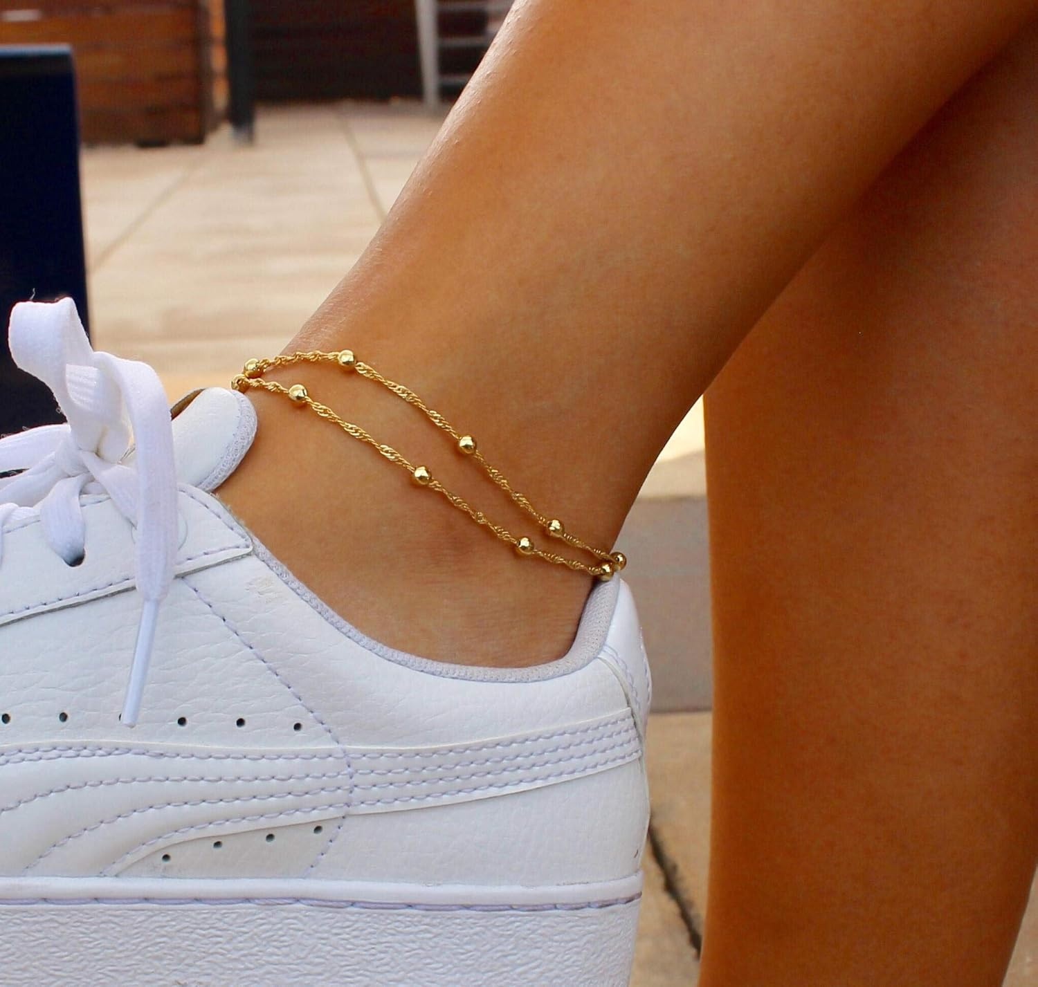 image:imageMEVECCO Anklet for Women Gold Chain 14K Gold Plated Dainty Boho Beach Summer Simple Foot Jewelry Ankle BraceletWave Bead