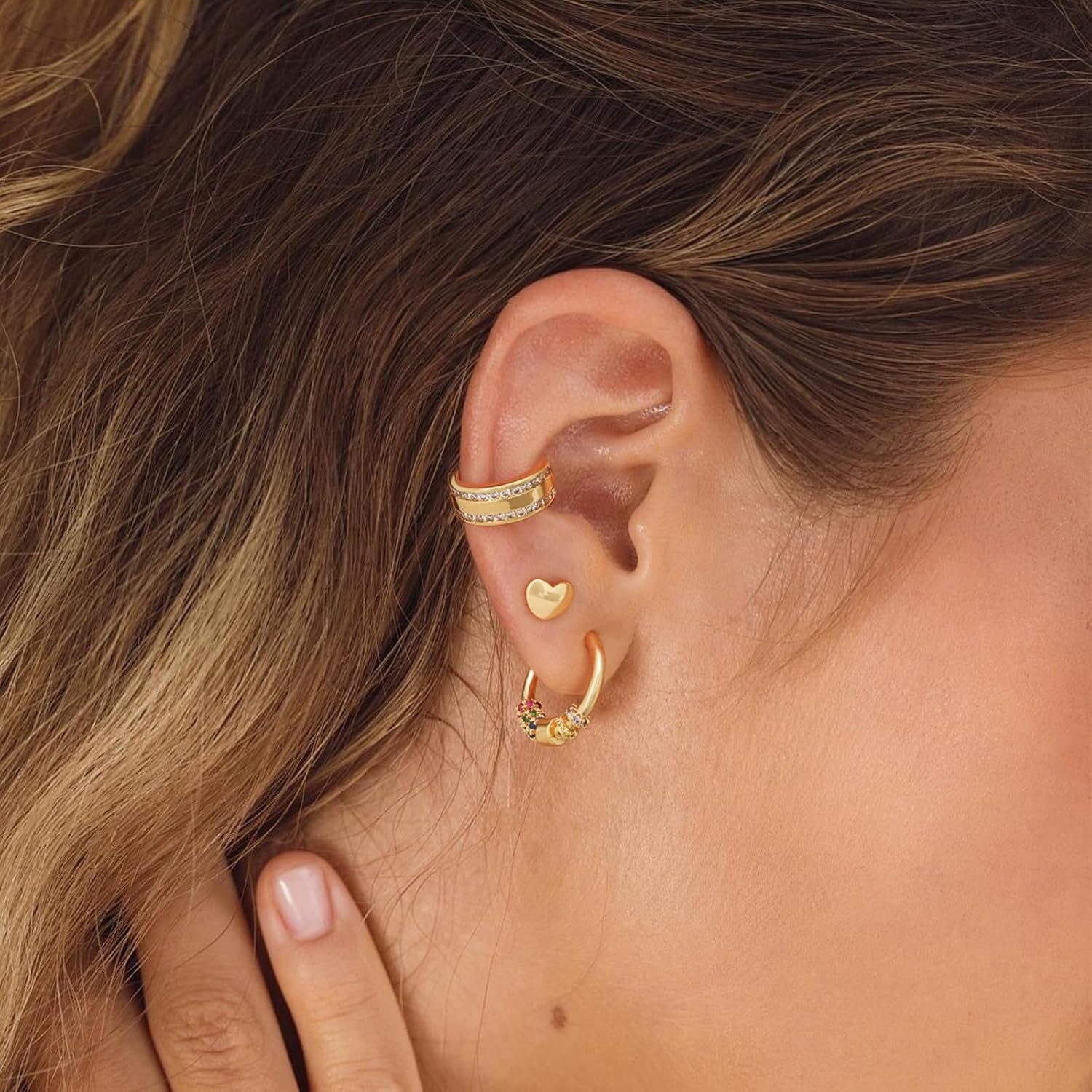 image:imageMEVECCO Gold Hoop Earrings for Women 18K Gold Plated Huggie Earrings Handmade Simple Minimalism Hoop Hypoallergenic Earrings for Everyday JewelryRainbow Gold