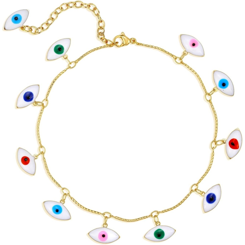 image:imageMEVECCO Anklet for Women Gold Chain 14K Gold Plated Dainty Boho Beach Summer Simple Foot Jewelry Ankle BraceletBig Evil Eye
