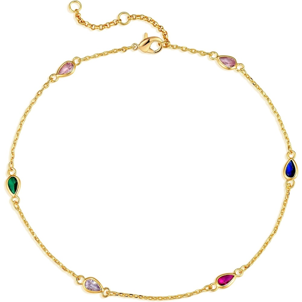 image:imageMEVECCO Anklet for Women Gold Chain 14K Gold Plated Dainty Boho Beach Summer Simple Foot Jewelry Ankle BraceletColorful CZ