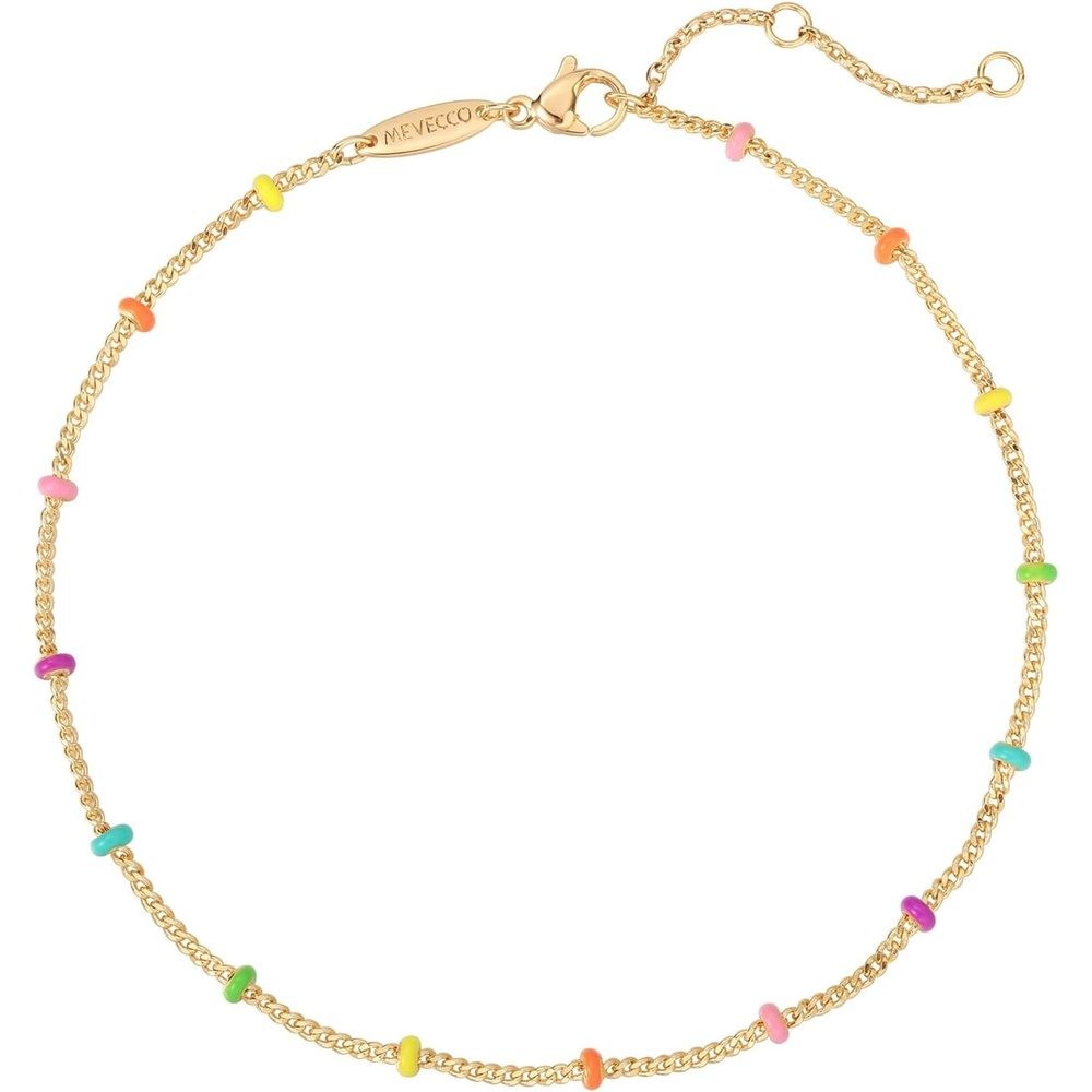 image:imageMEVECCO Anklet for Women Gold Chain 14K Gold Plated Dainty Boho Beach Summer Simple Foot Jewelry Ankle BraceletEnameled Multicolor Ball