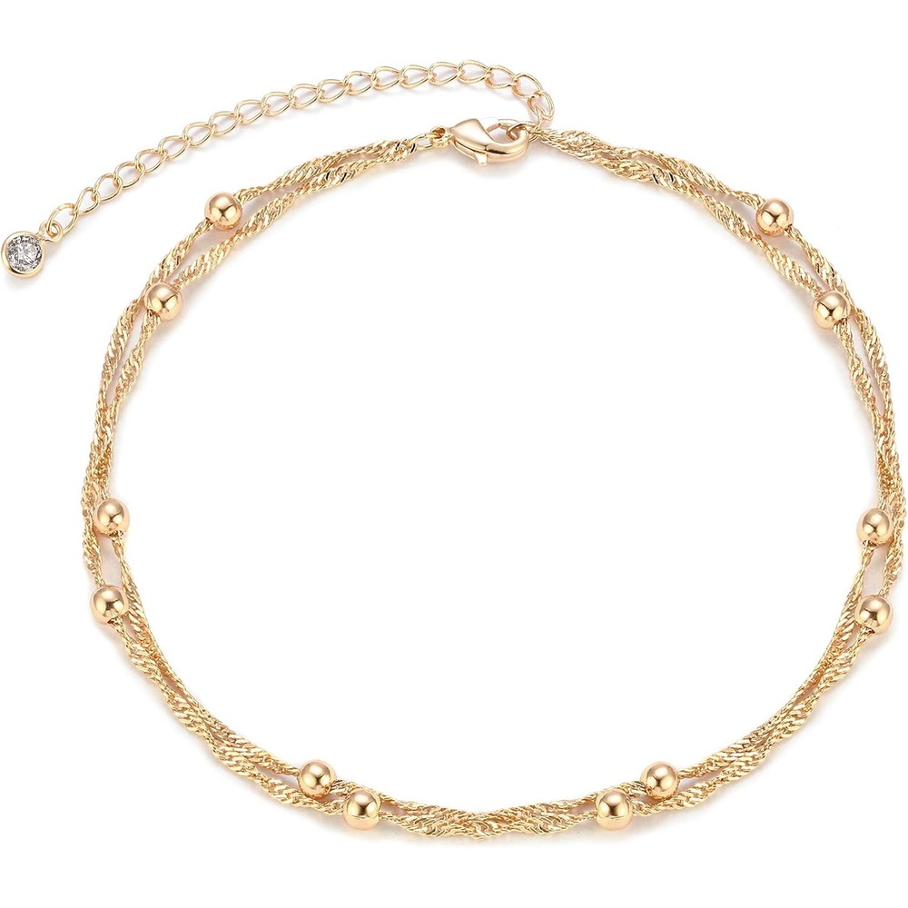 image:imageMEVECCO Anklet for Women Gold Chain 14K Gold Plated Dainty Boho Beach Summer Simple Foot Jewelry Ankle BraceletWave Bead