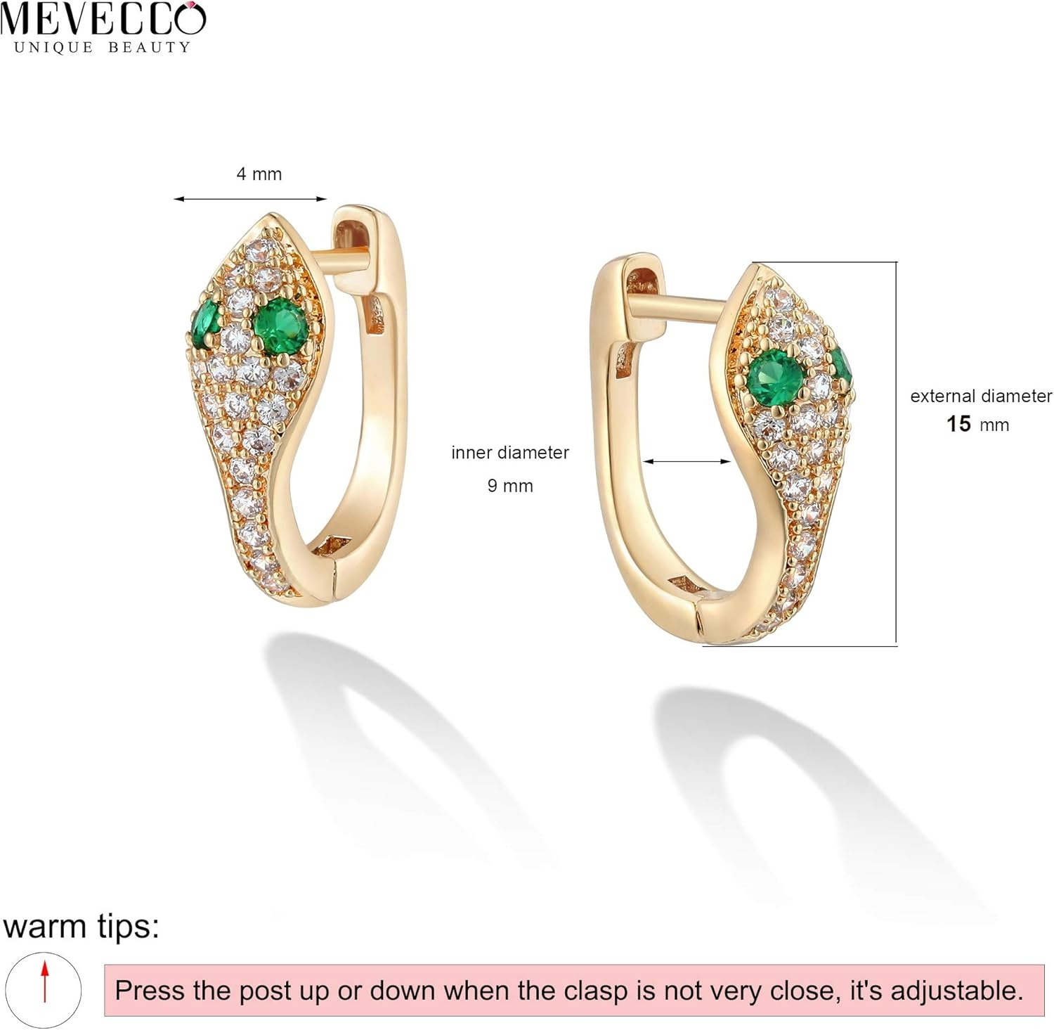 image:imageMEVECCO Dainty Gold Snake Earrings for Women 18K Gold Plated Dainty Snake Huggie Hoop Earrings Small Tiny Minimalist Snake Hoop Huggie Earrings Snake JewelrySnake CZ Green Eye