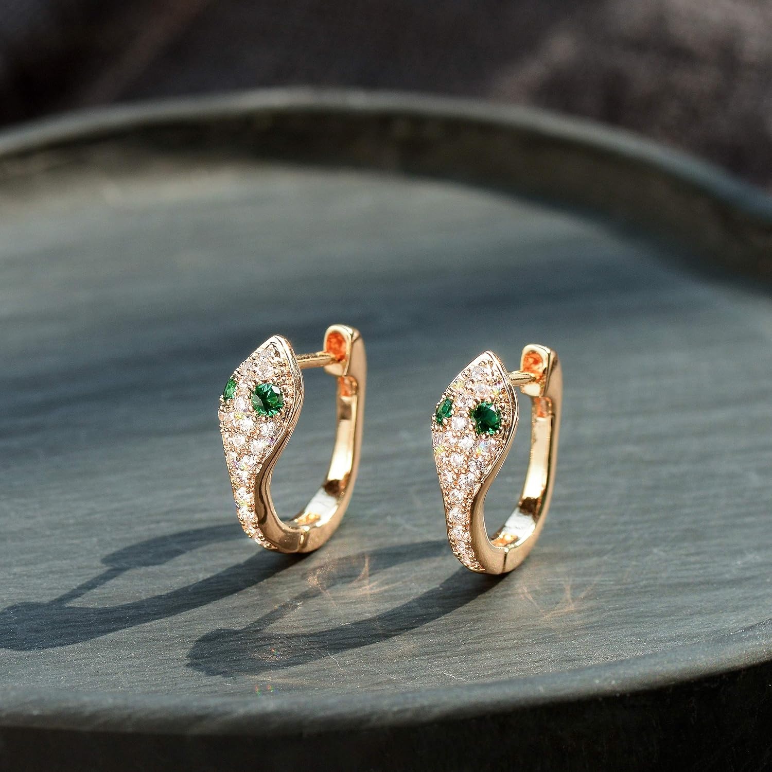 image:imageMEVECCO Dainty Gold Snake Earrings for Women 18K Gold Plated Dainty Snake Huggie Hoop Earrings Small Tiny Minimalist Snake Hoop Huggie Earrings Snake JewelrySnake CZ Green Eye