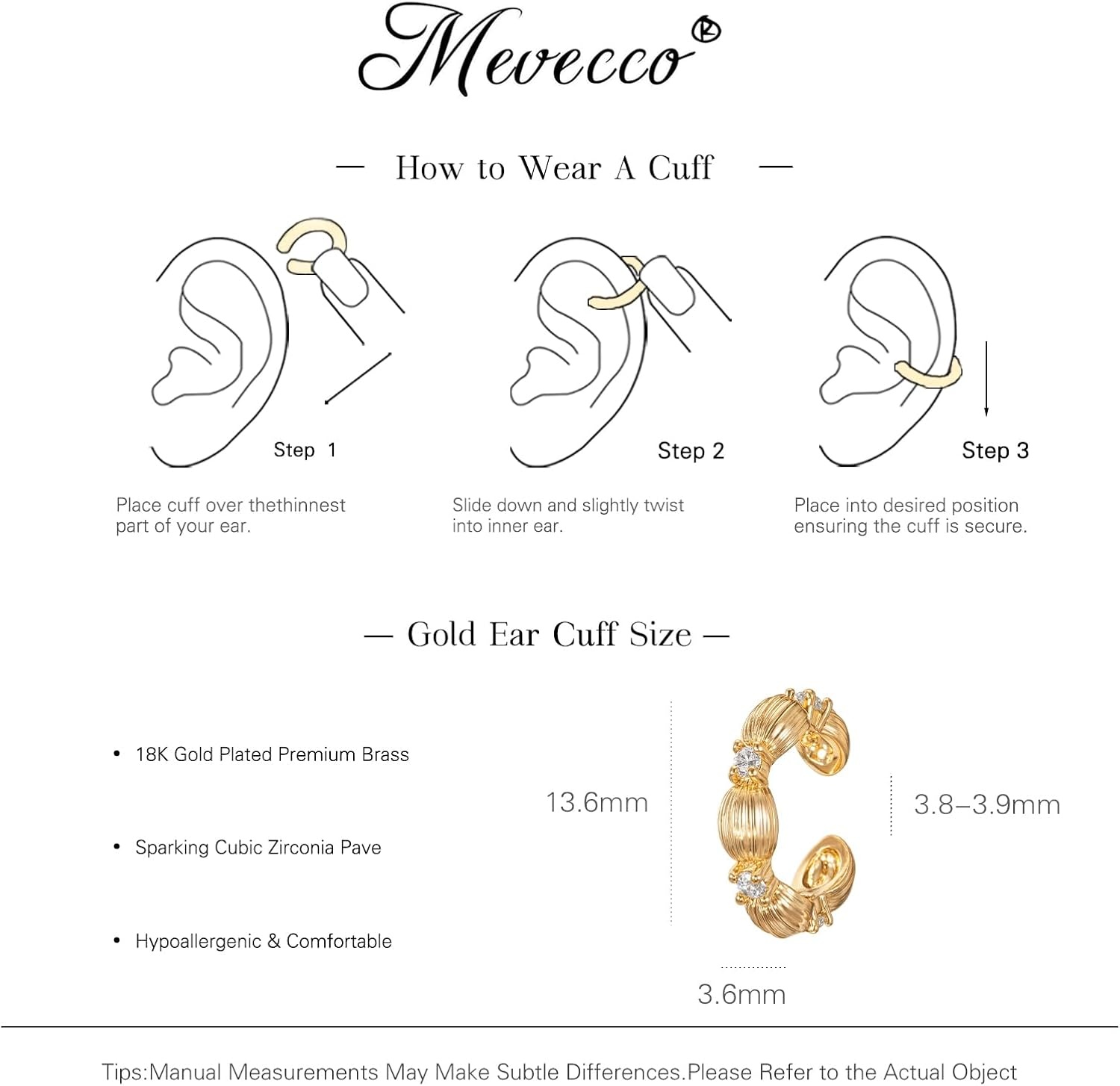 image:imageMEVECCO Ear Cuff Non Piercing 18K Gold Plated Ear Cuff Earring Sets Clip on Cartilage Turquoise Red Ruby CZ Heart Flower Fake Hoop Earrings Stack Women Giftscute cuff