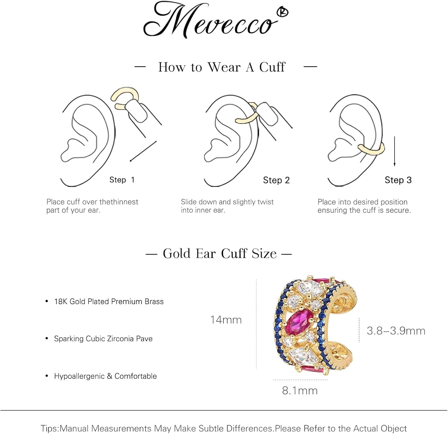 image:imageMEVECCO Ear Cuff Non Piercing 18K Gold Plated Ear Cuff Earring Sets Clip on Cartilage Turquoise Red Ruby CZ Heart Flower Fake Hoop Earrings Stack Women Giftsmulticolor cuff