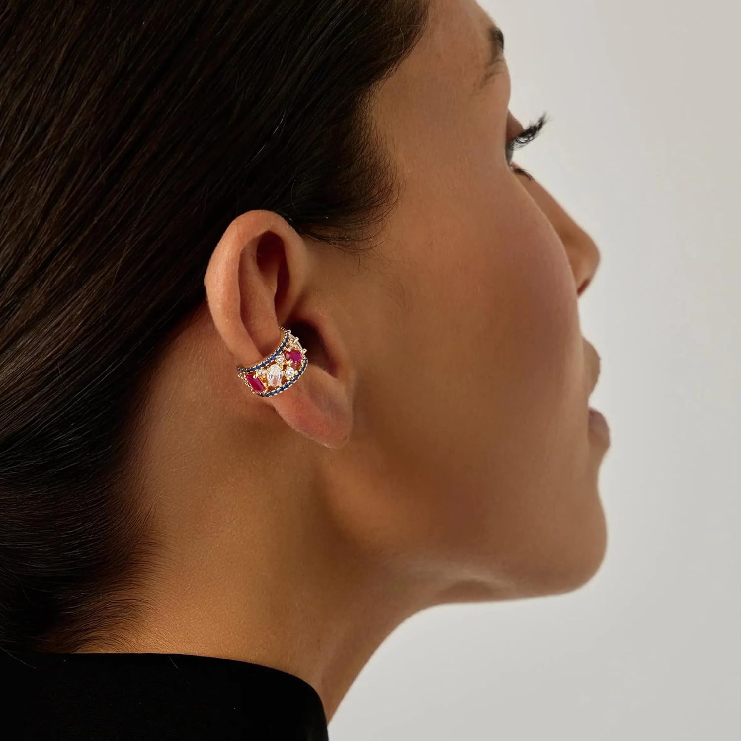 image:imageMEVECCO Ear Cuff Non Piercing 18K Gold Plated Ear Cuff Earring Sets Clip on Cartilage Turquoise Red Ruby CZ Heart Flower Fake Hoop Earrings Stack Women Giftsmulticolor cuff