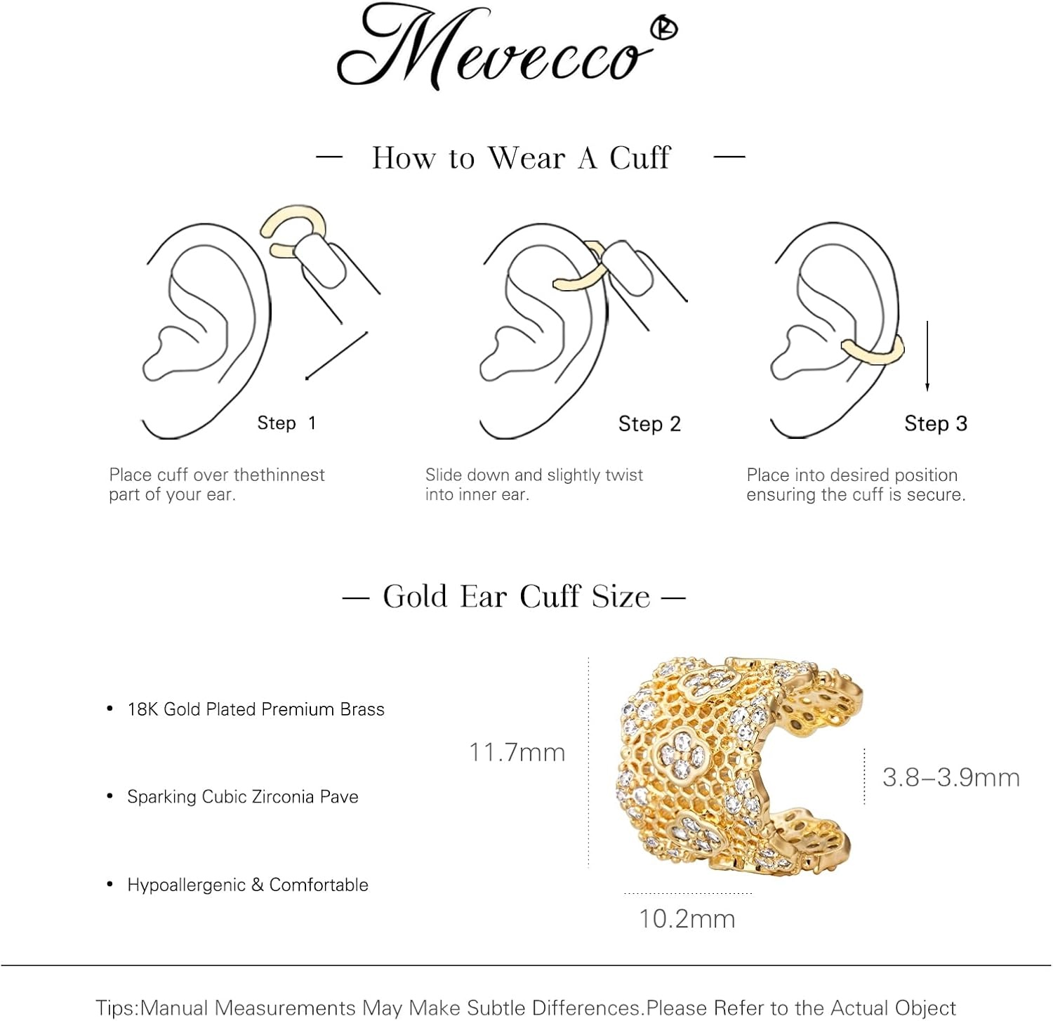 image:imageMEVECCO Ear Cuff Non Piercing 18K Gold Plated Ear Cuff Earring Sets Clip on Cartilage Turquoise Red Ruby CZ Heart Flower Fake Hoop Earrings Stack Women Giftssmall flower cuff