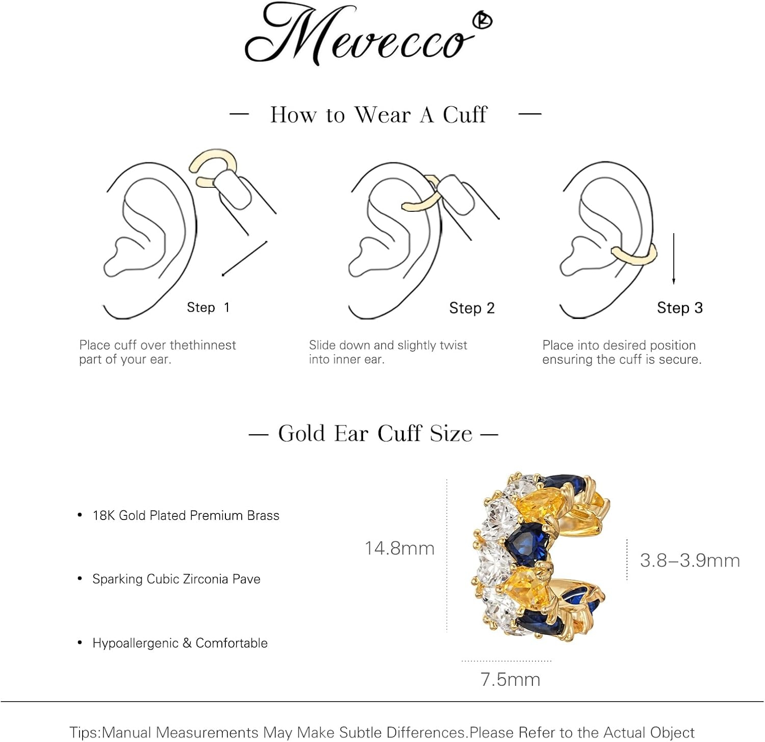 image:imageMEVECCO Ear Cuff Non Piercing 18K Gold Plated Ear Cuff Earring Sets Clip on Cartilage Turquoise Red Ruby CZ Heart Flower Fake Hoop Earrings Stack Women Giftsheart cuff