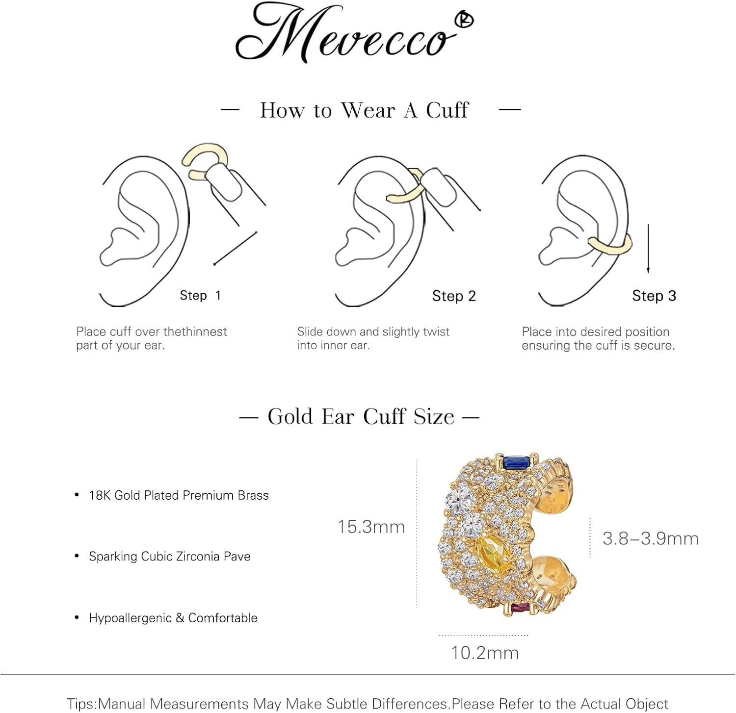 image:imageMEVECCO Ear Cuff Non Piercing 18K Gold Plated Ear Cuff Earring Sets Clip on Cartilage Turquoise Red Ruby CZ Heart Flower Fake Hoop Earrings Stack Women Giftsshiny cuff