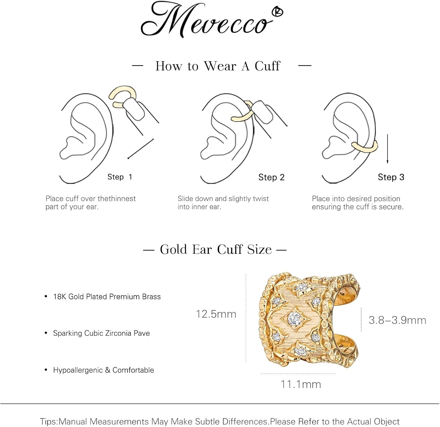 image:imageMEVECCO Ear Cuff Non Piercing 18K Gold Plated Ear Cuff Earring Sets Clip on Cartilage Turquoise Red Ruby CZ Heart Flower Fake Hoop Earrings Stack Women Giftswide cuff