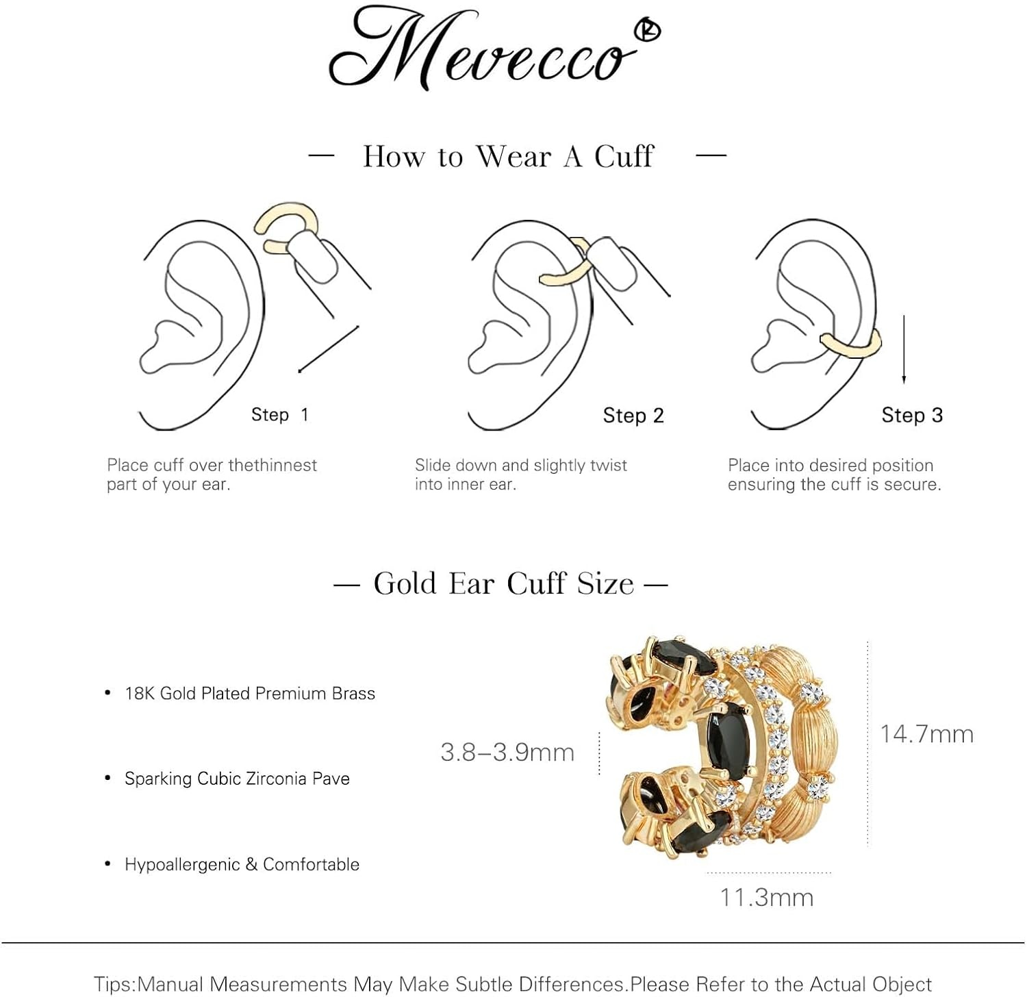 image:imageMEVECCO Ear Cuffs Non Piercing For Women 18K Gold Plated CZ Ear Cuff Earring Clip on Cartilage Fake Hoop Earrings Stack Jewelry GiftsBlack Pair