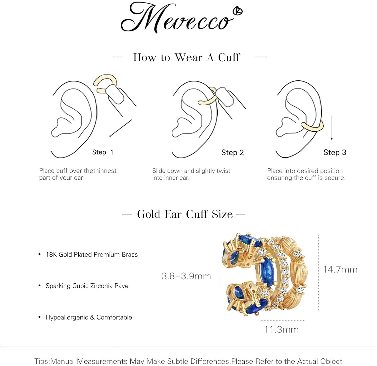 image:imageMEVECCO Ear Cuffs Non Piercing For Women 18K Gold Plated CZ Ear Cuff Earring Clip on Cartilage Fake Hoop Earrings Stack Jewelry GiftsBlue