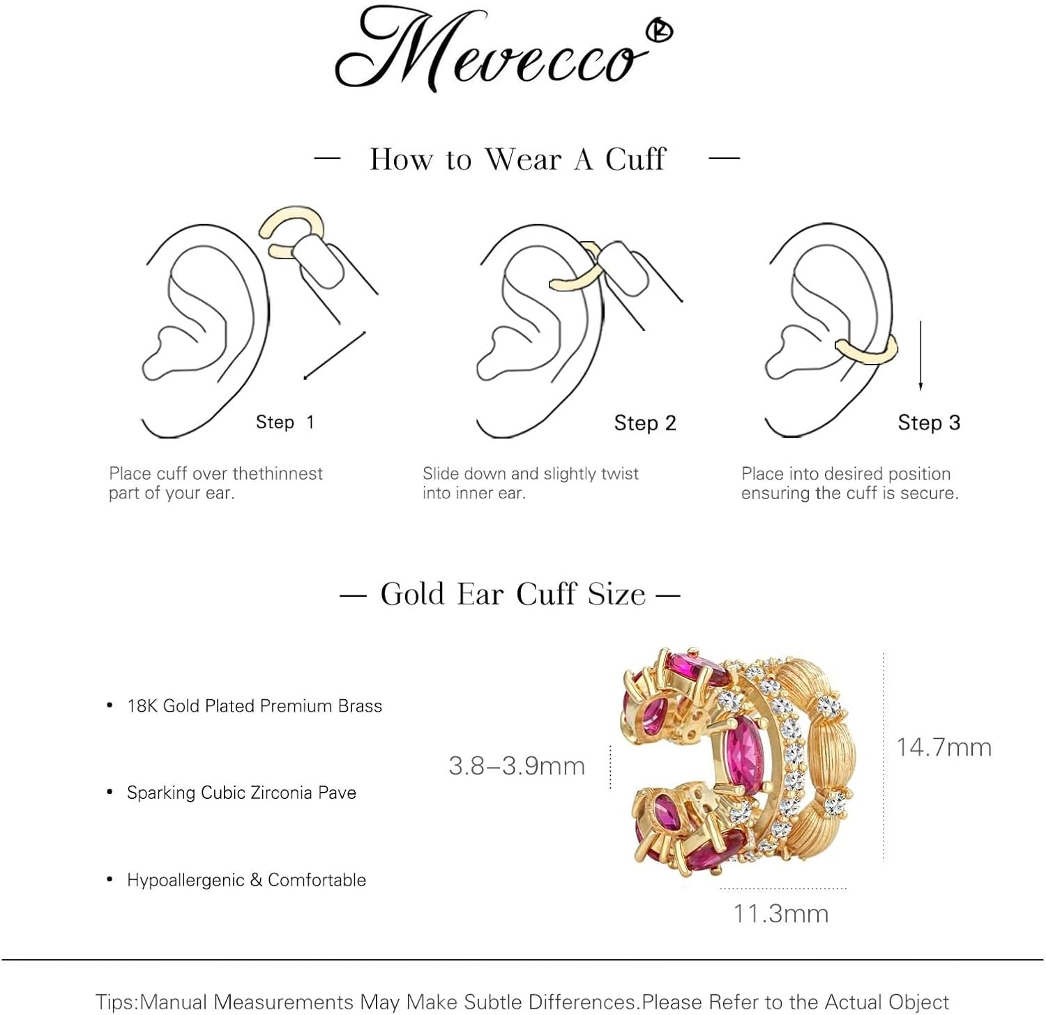 image:imageMEVECCO Ear Cuffs Non Piercing For Women 18K Gold Plated CZ Ear Cuff Earring Clip on Cartilage Fake Hoop Earrings Stack Jewelry GiftsRed Ruby