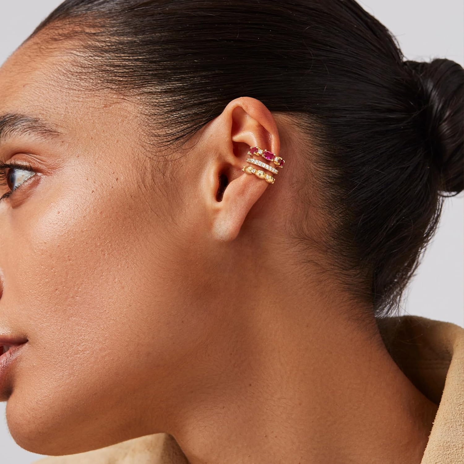image:imageMEVECCO Ear Cuffs Non Piercing For Women 18K Gold Plated CZ Ear Cuff Earring Clip on Cartilage Fake Hoop Earrings Stack Jewelry GiftsRed Ruby Pair