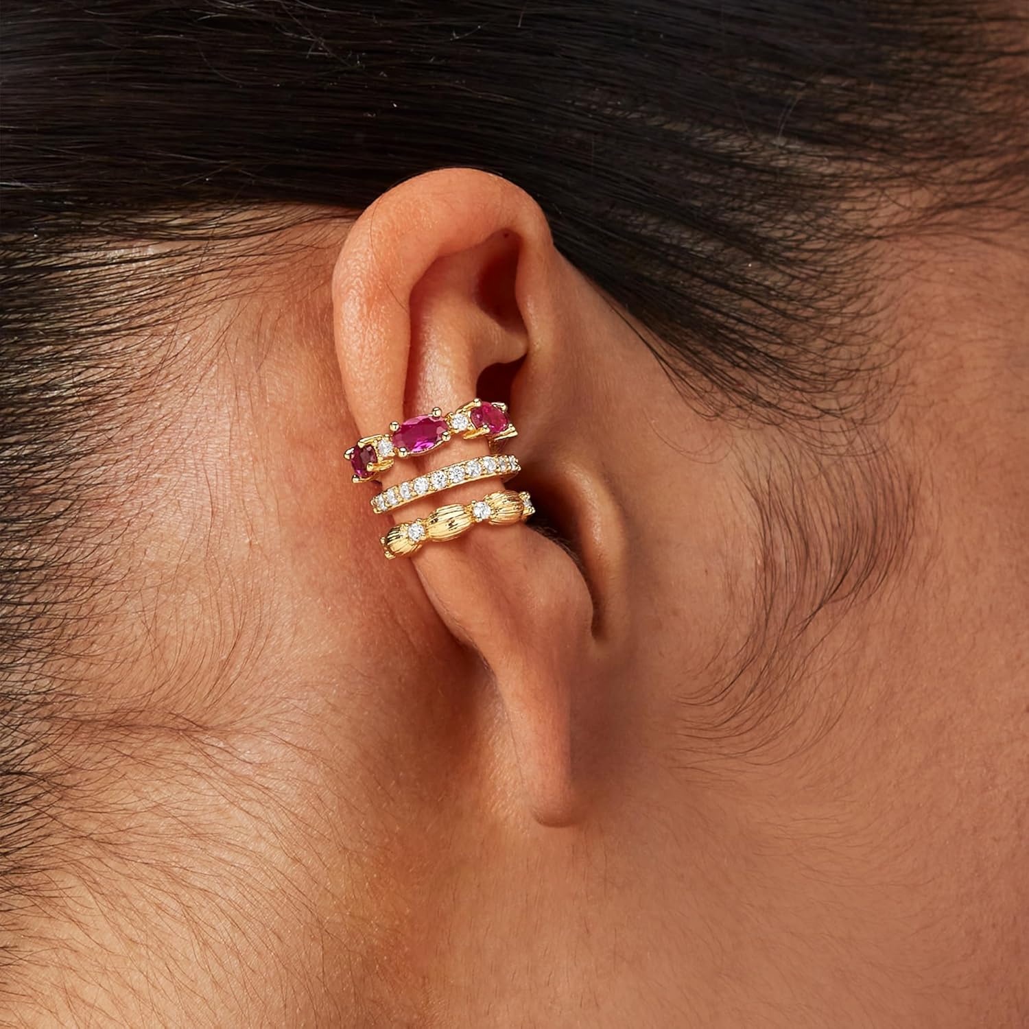 image:imageMEVECCO Ear Cuffs Non Piercing For Women 18K Gold Plated CZ Ear Cuff Earring Clip on Cartilage Fake Hoop Earrings Stack Jewelry GiftsRed Ruby Pair