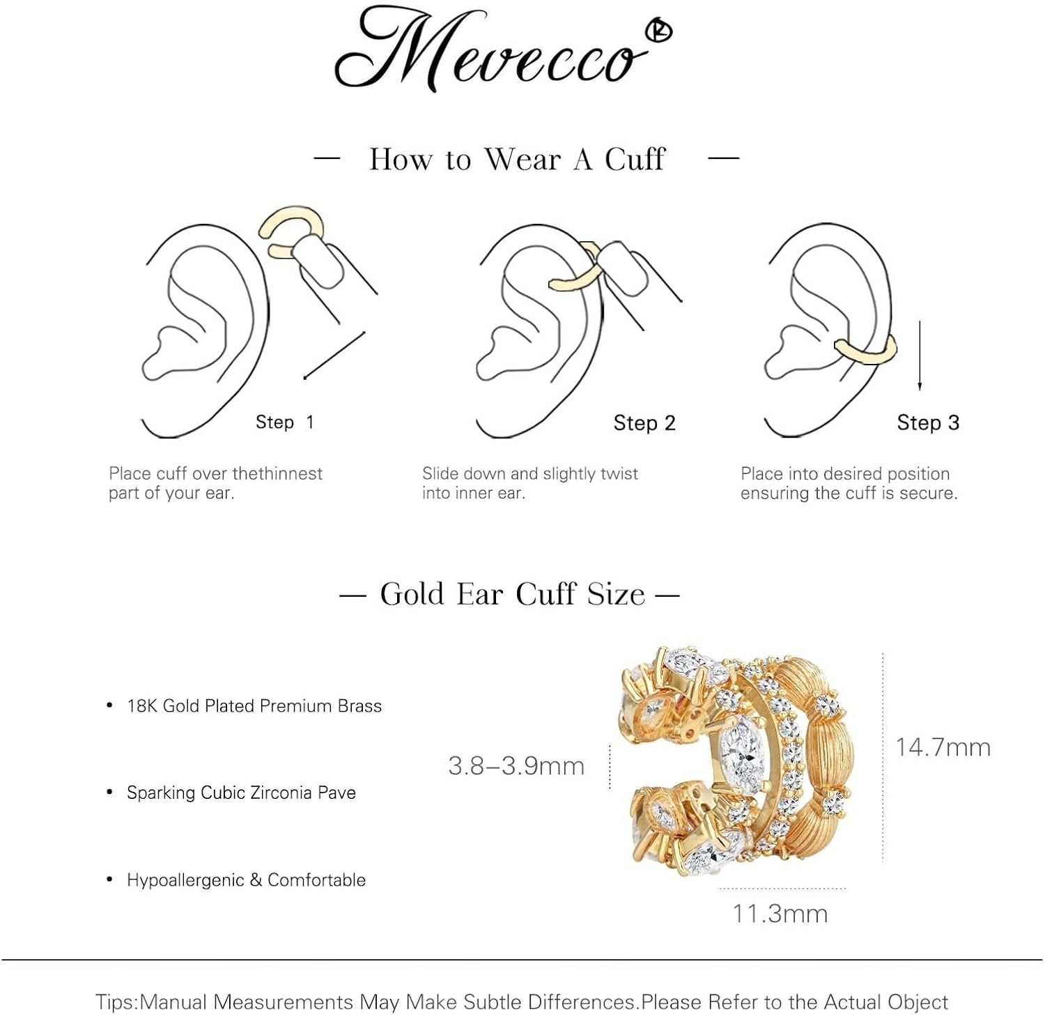 image:imageMEVECCO Ear Cuffs Non Piercing For Women 18K Gold Plated CZ Ear Cuff Earring Clip on Cartilage Fake Hoop Earrings Stack Jewelry GiftsWhite Pair