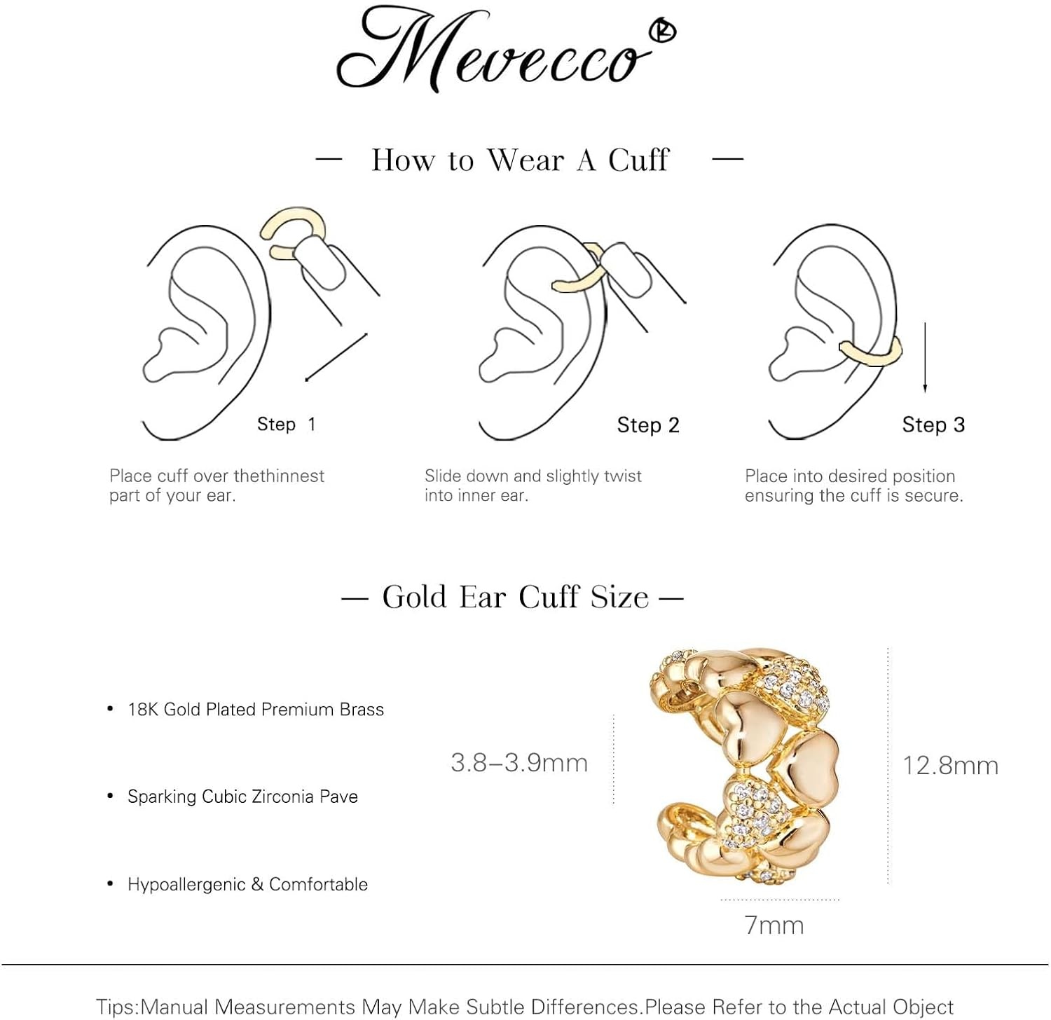 image:imageMEVECCO Ear Cuffs Non Piercing For Women 18K Gold Plated Turquiose Pearl Zircons Ear Cuff Earring Clip on Cartilage Fake Hoop Earrings Stack Jewelry GiftsHeart