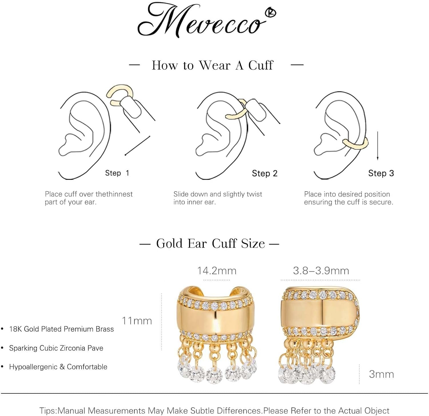 image:imageMEVECCO Ear Cuffs Non Piercing For Women 18K Gold Plated Turquiose Pearl Zircons Ear Cuff Earring Clip on Cartilage Fake Hoop Earrings Stack Jewelry GiftsTassel Pair