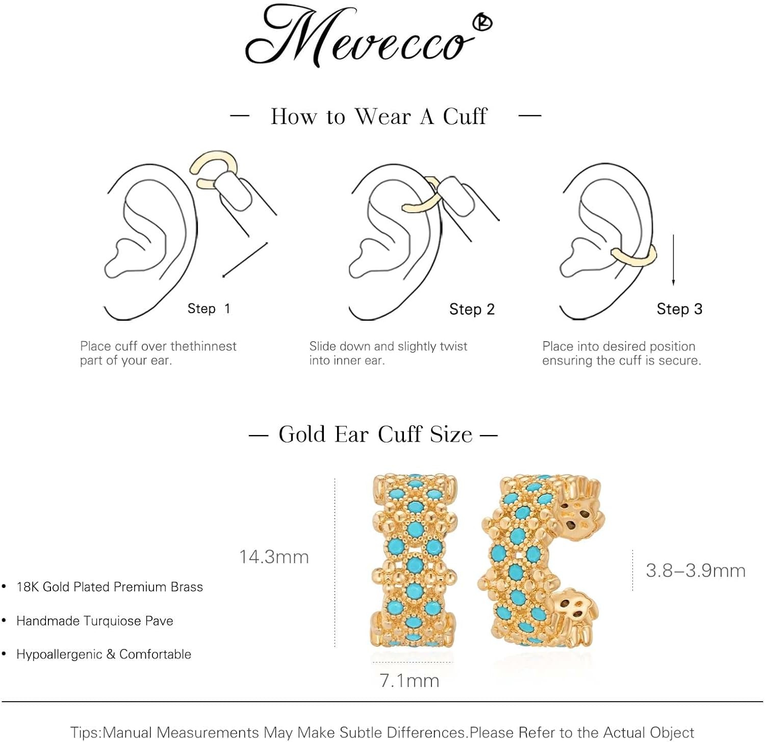image:imageMEVECCO Ear Cuffs Non Piercing For Women 18K Gold Plated Turquiose Pearl Zircons Ear Cuff Earring Clip on Cartilage Fake Hoop Earrings Stack Jewelry GiftsSmall Tur Pair