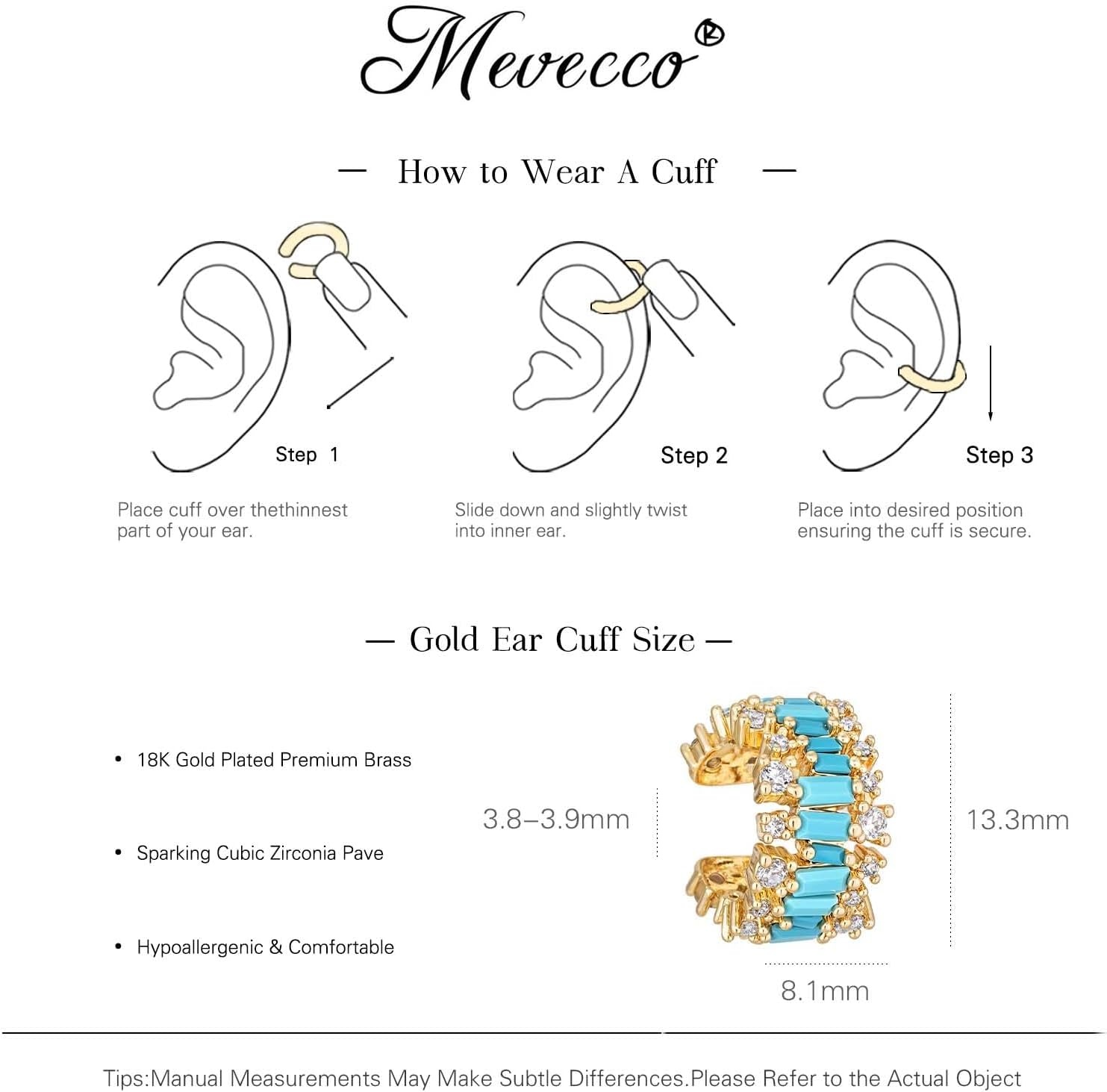 image:imageMEVECCO Ear Cuffs Non Piercing For Women 18K Gold Plated Turquiose Pearl Zircons Ear Cuff Earring Clip on Cartilage Fake Hoop Earrings Stack Jewelry GiftsEarTurquiose
