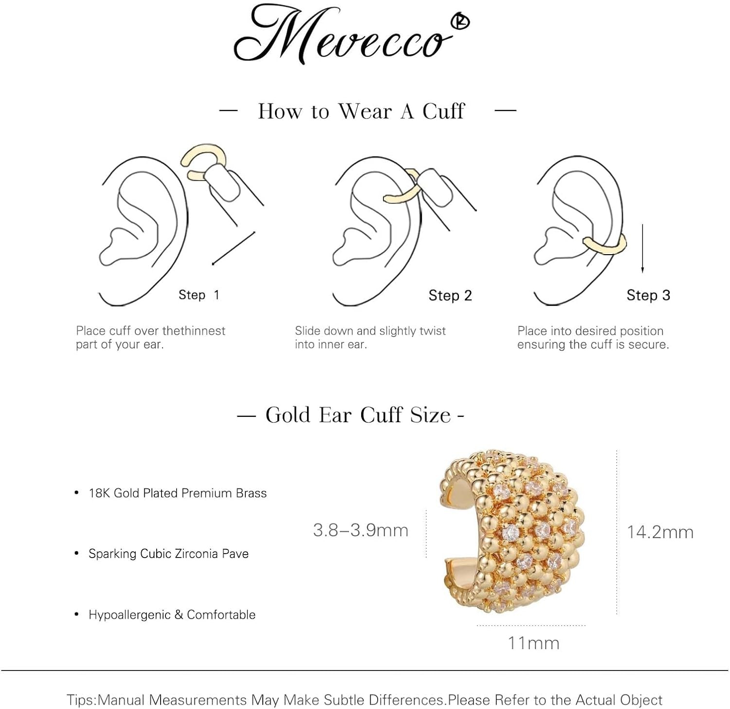 image:imageMEVECCO Ear Cuffs Non Piercing For Women 18K Gold Plated Turquiose Pearl Zircons Ear Cuff Earring Clip on Cartilage Fake Hoop Earrings Stack Jewelry GiftsCZ