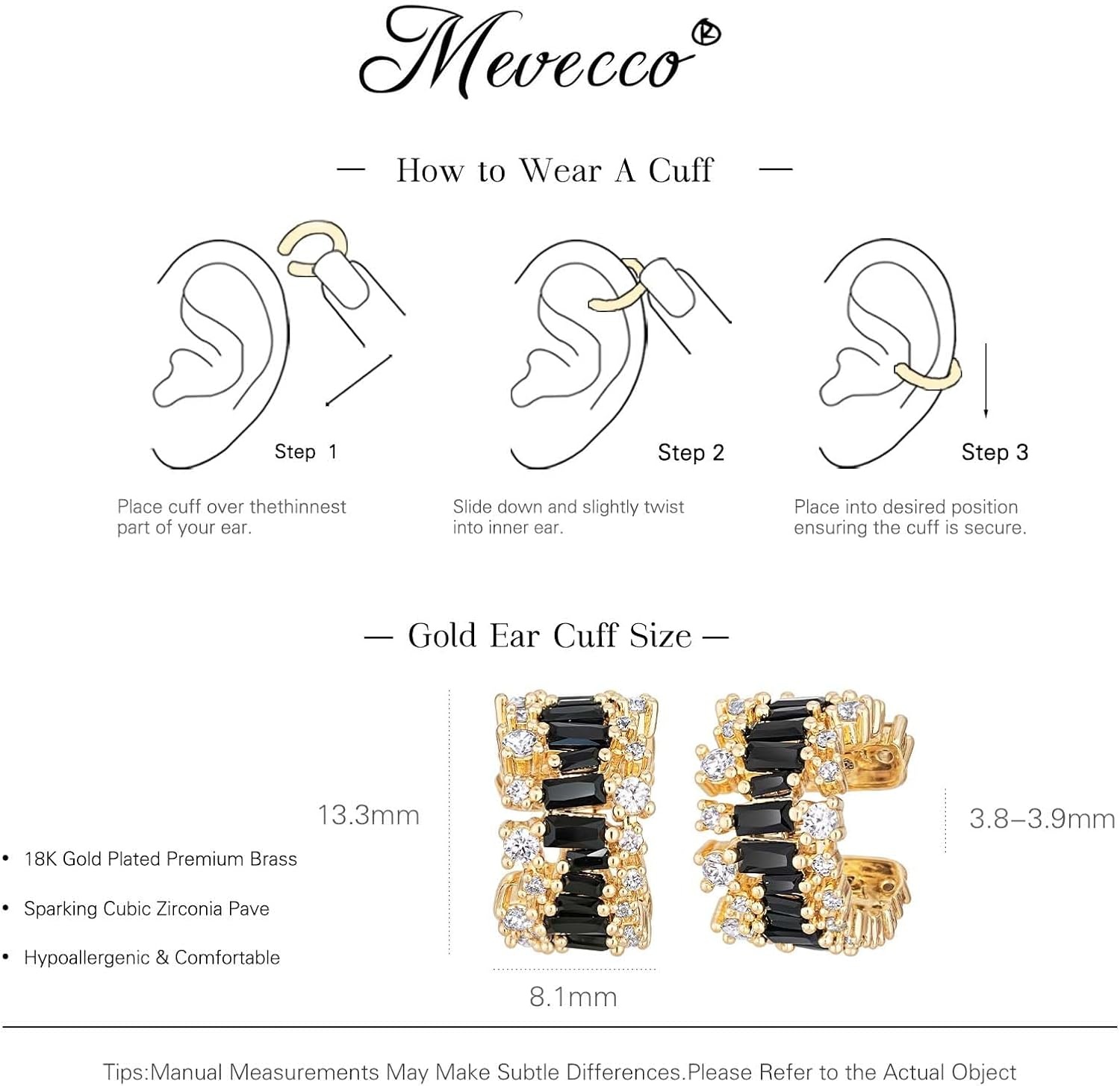 image:imageMEVECCO Ear Cuffs Non Piercing For Women 18K Gold Plated Turquiose Pearl Zircons Ear Cuff Earring Clip on Cartilage Fake Hoop Earrings Stack Jewelry GiftsBlack CZ Pair