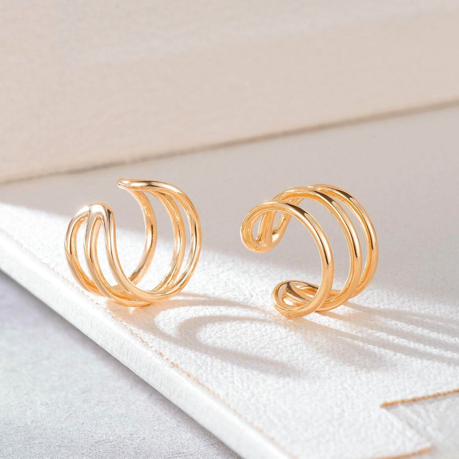 image:imageMEVECCO Gold Ear Cuff Earring 18K Gold Plated Non Pierced Ear Cartilage Clip on Wrap Hoop Tiny Chunky Blod Thick Simple Minimalist Handmade Delicate Hypoallergenic Ear Cuff Fake Earrings Women GiftThree Bars