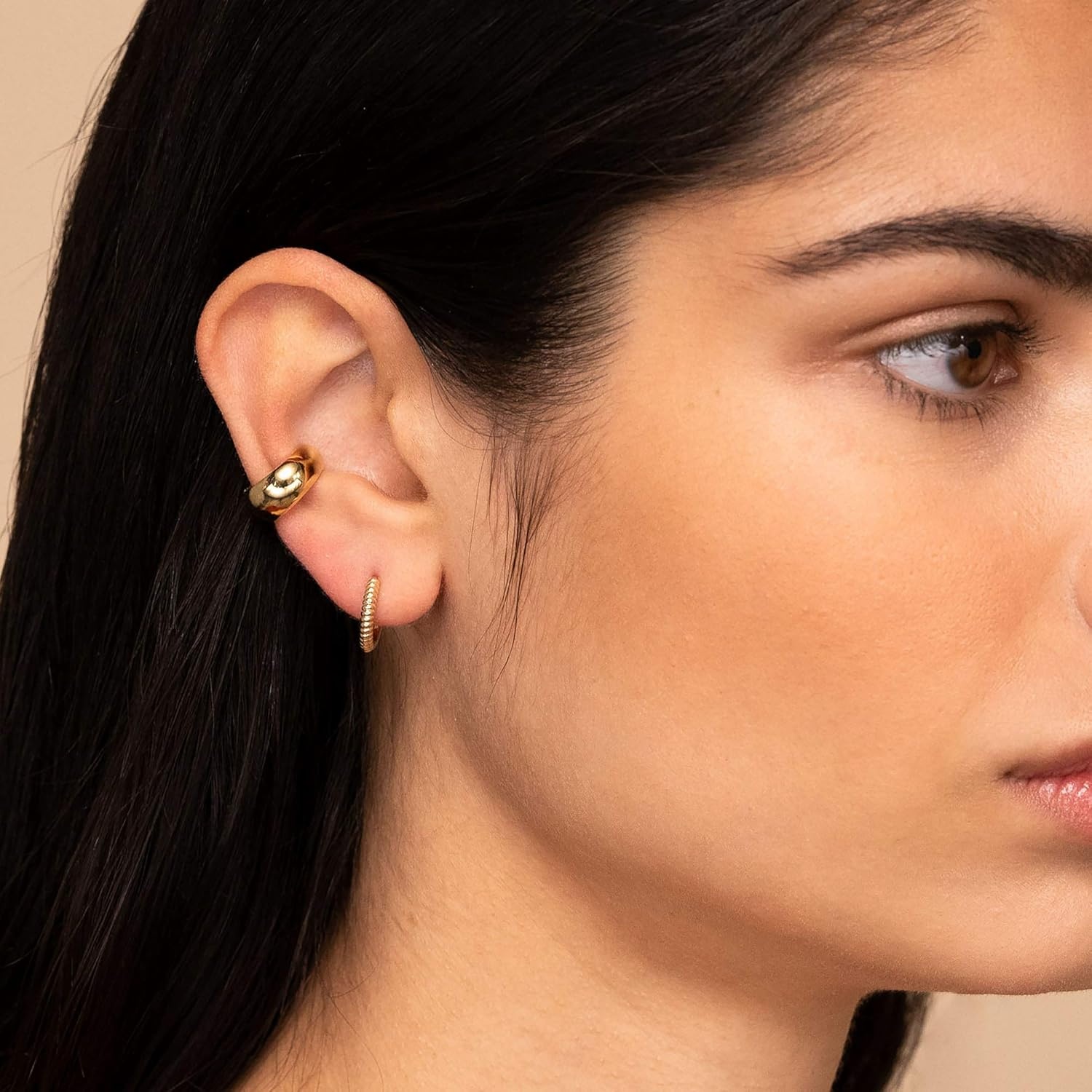 image:imageMEVECCO Gold Ear Cuff Earring 18K Gold Plated Non Pierced Ear Cartilage Clip on Wrap Hoop Tiny Chunky Blod Thick Simple Minimalist Handmade Delicate Hypoallergenic Ear Cuff Fake Earrings Women GiftThick